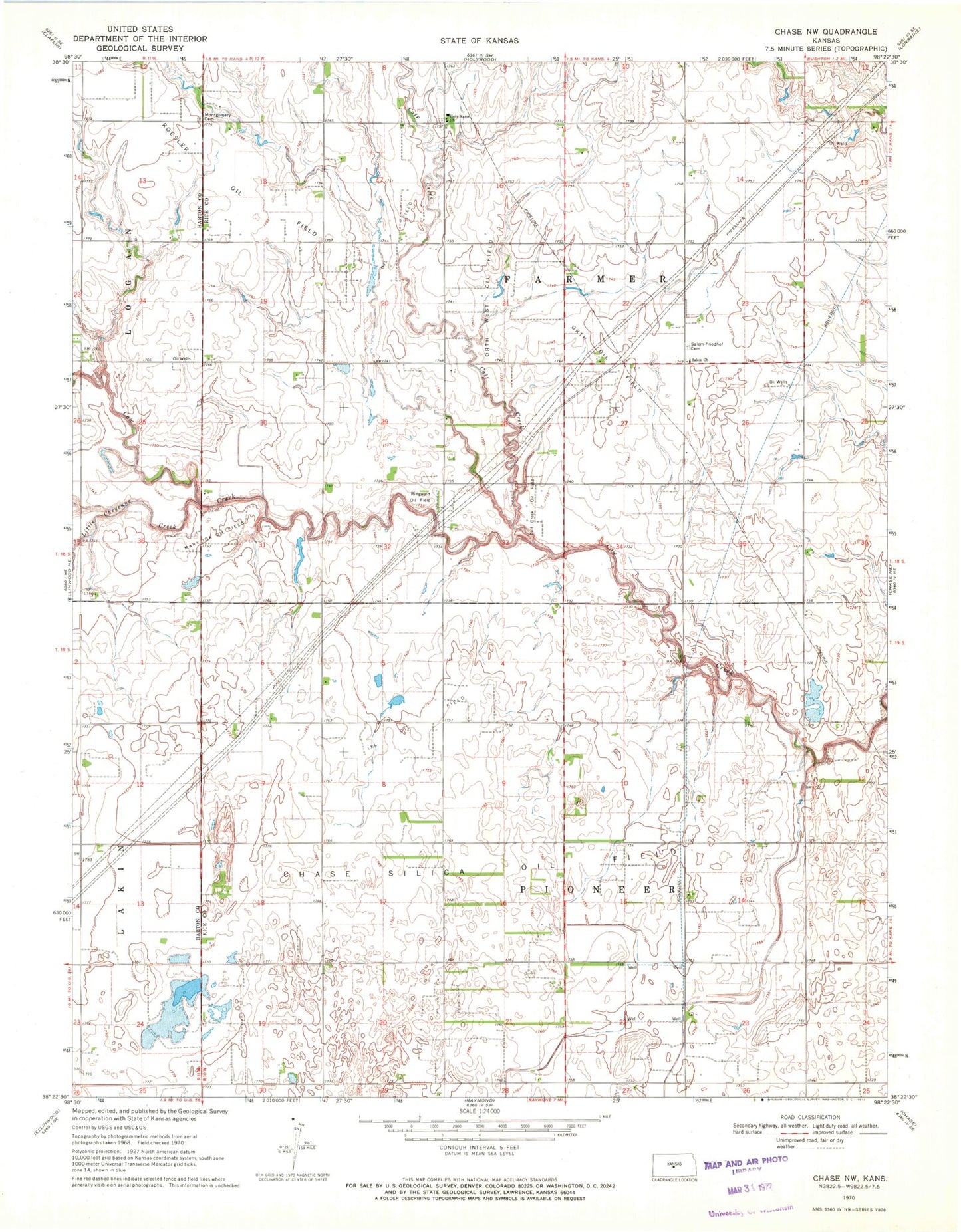 Classic USGS Chase NW Kansas 7.5'x7.5' Topo Map Image