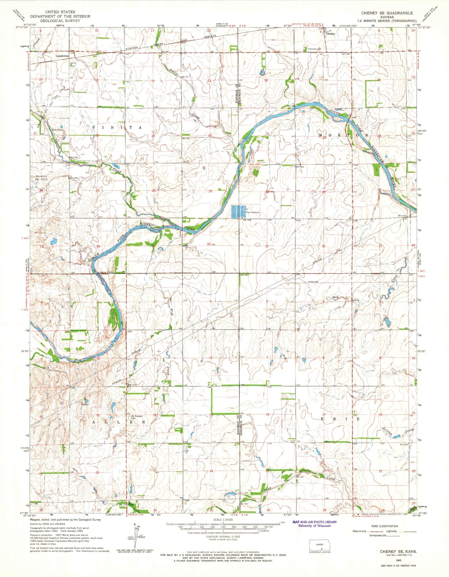 Classic USGS Cheney SE Kansas 7.5'x7.5' Topo Map Image