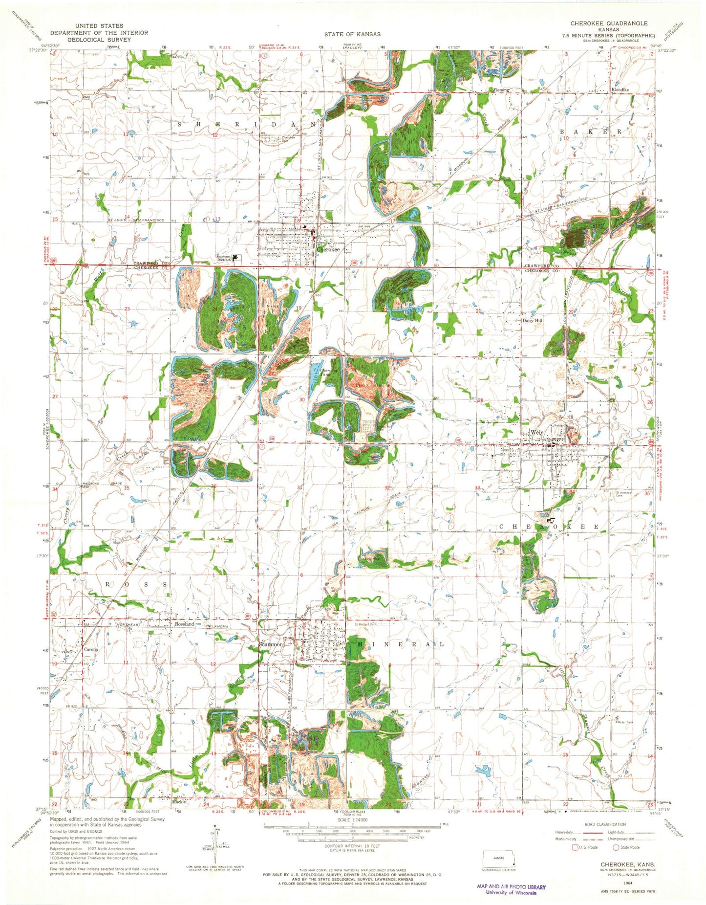 Classic USGS Cherokee Kansas 7.5'x7.5' Topo Map Image