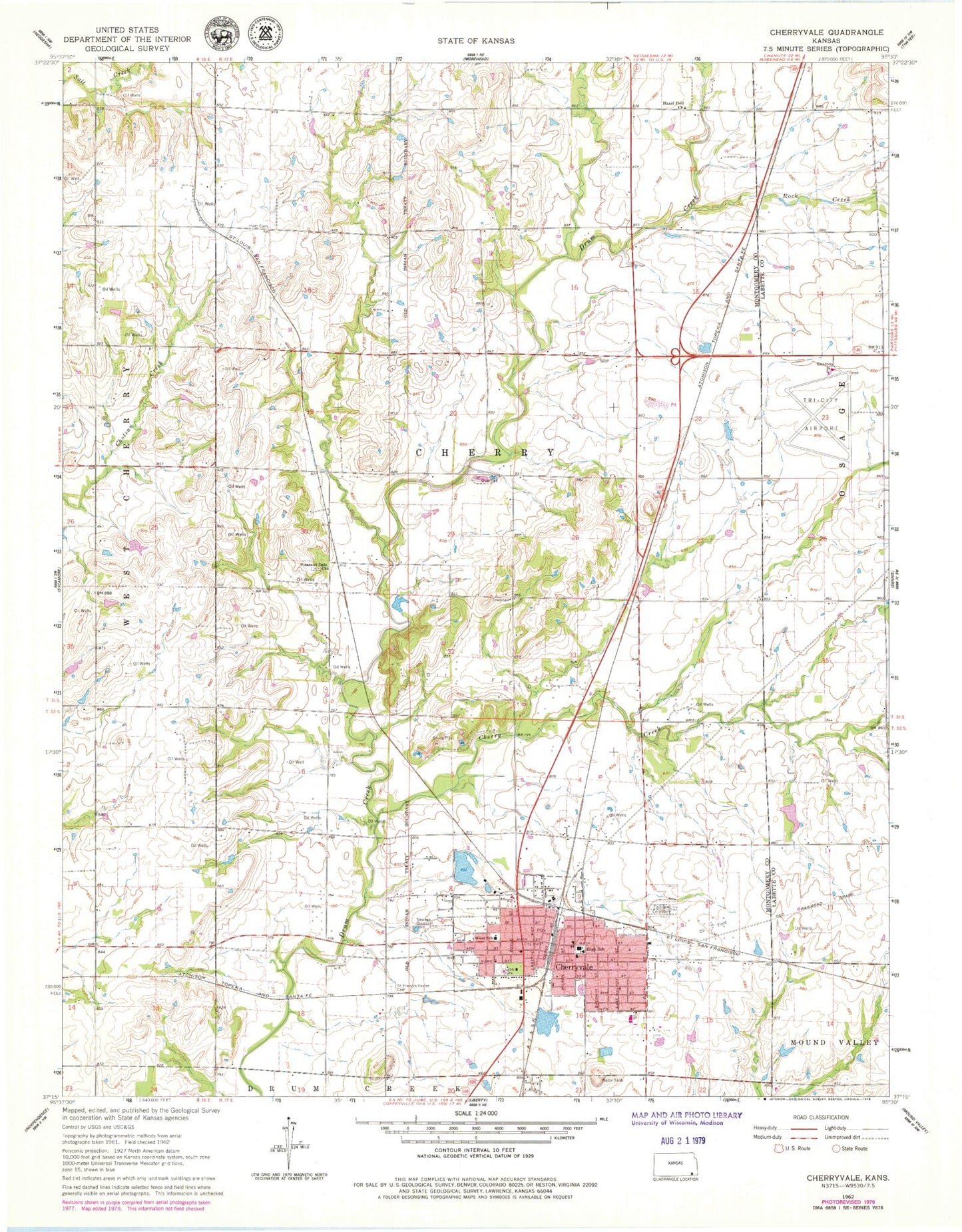 Classic USGS Cherryvale Kansas 7.5'x7.5' Topo Map Image