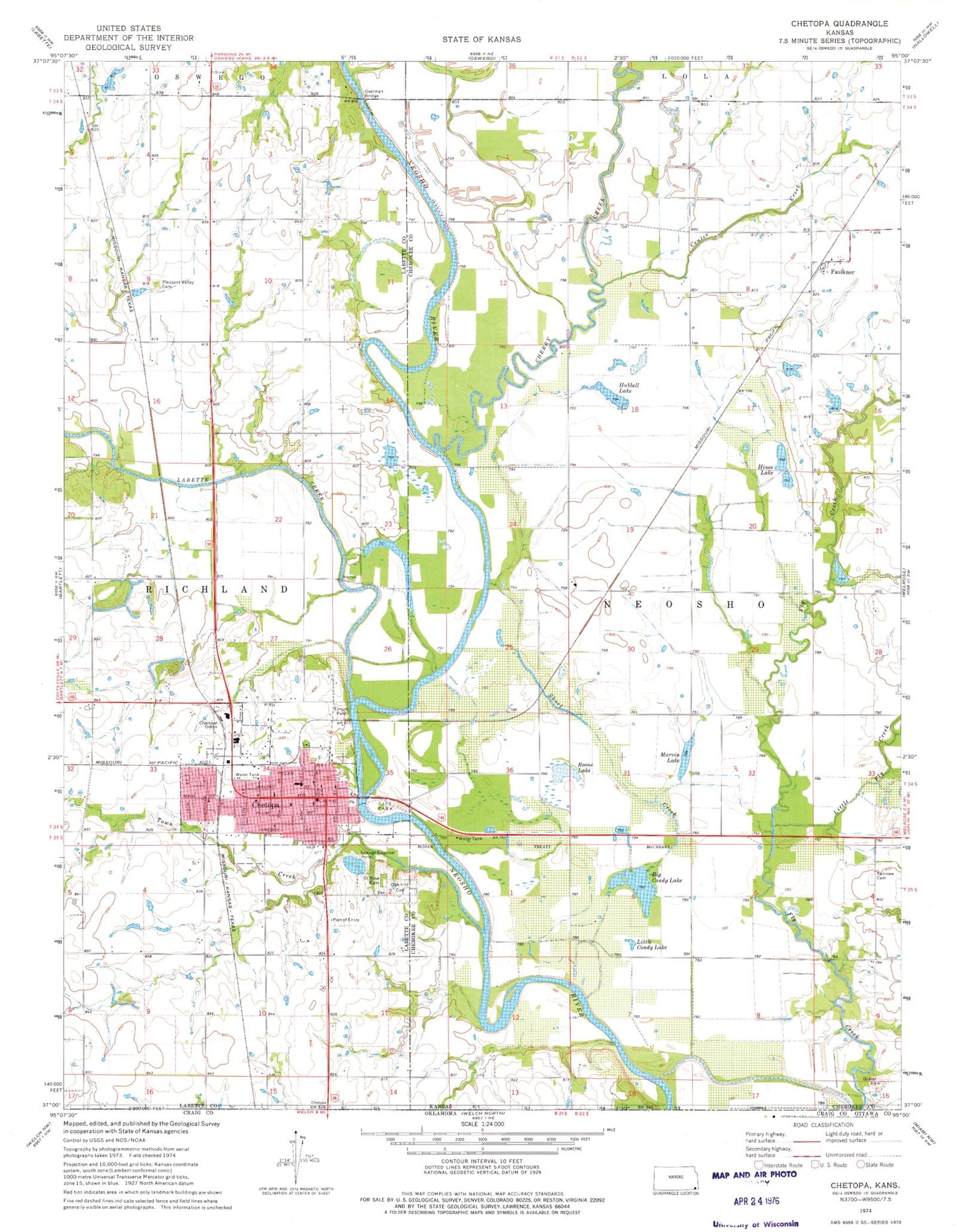 Classic USGS Chetopa Kansas 7.5'x7.5' Topo Map Image