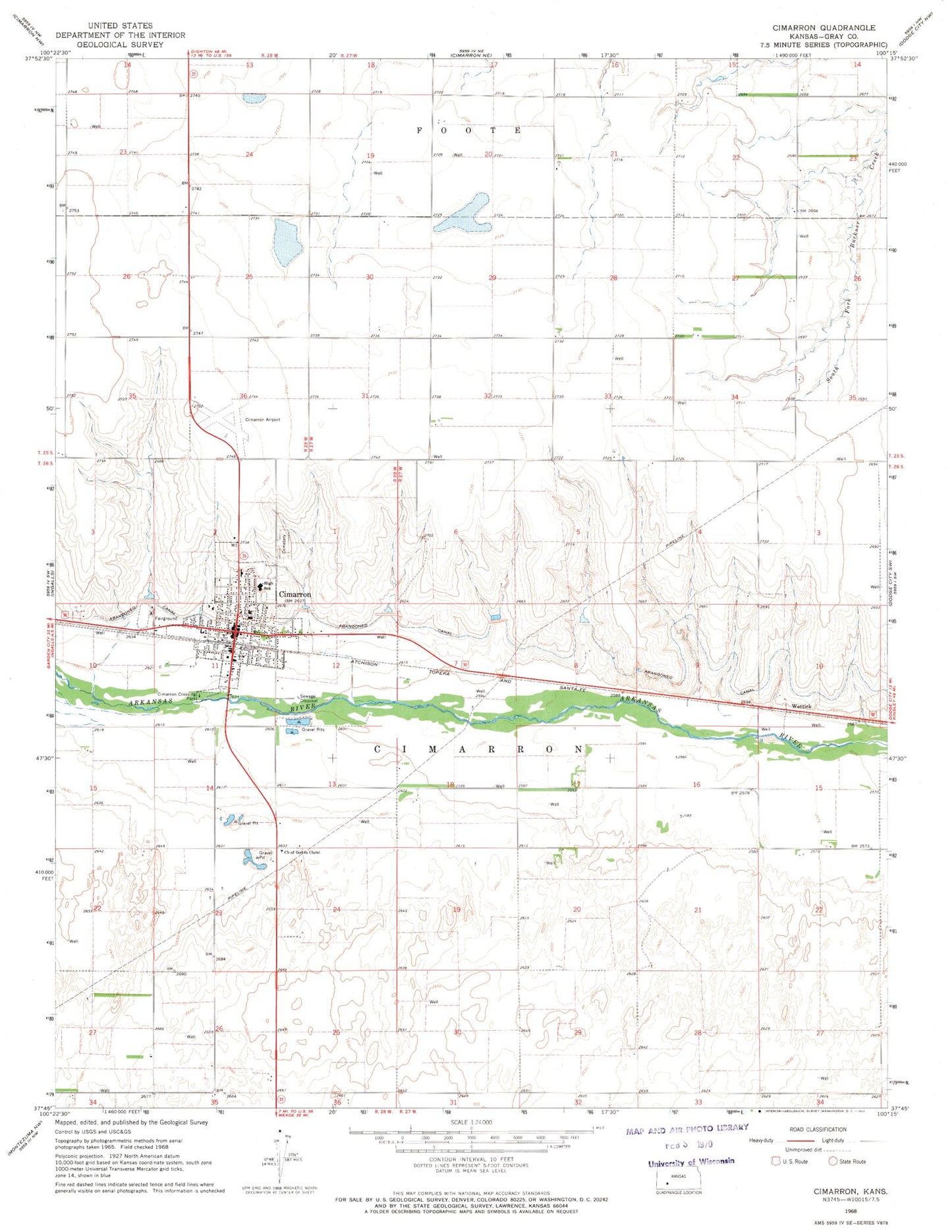 Classic USGS Cimarron Kansas 7.5'x7.5' Topo Map Image