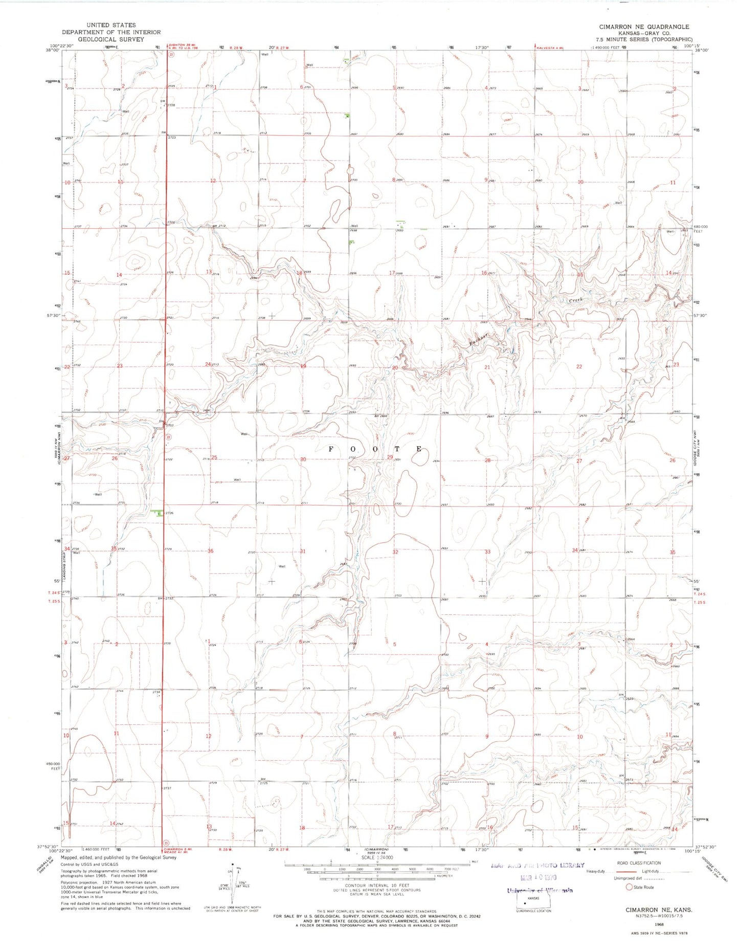 Classic USGS Cimarron NE Kansas 7.5'x7.5' Topo Map Image