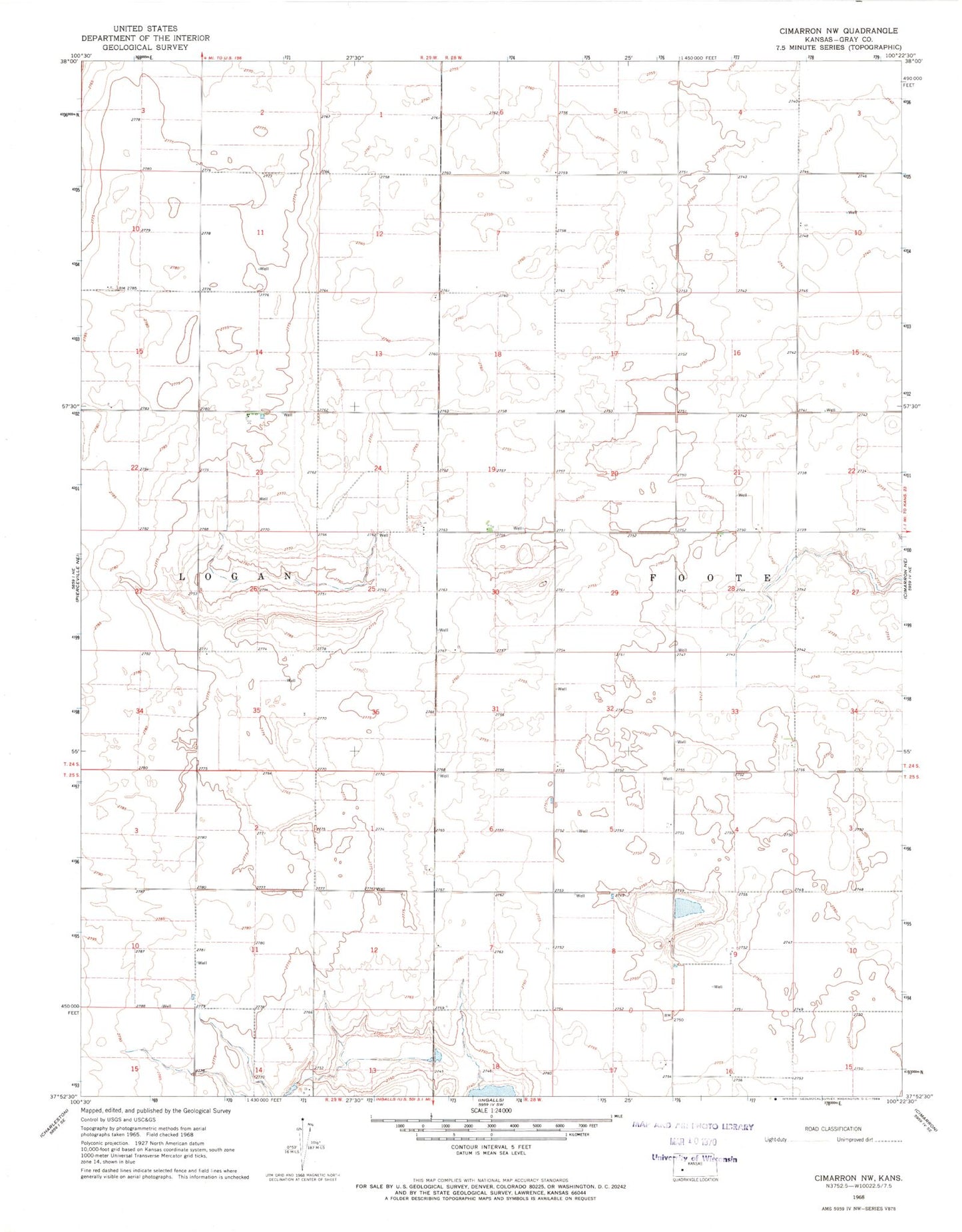 Classic USGS Cimarron NW Kansas 7.5'x7.5' Topo Map Image