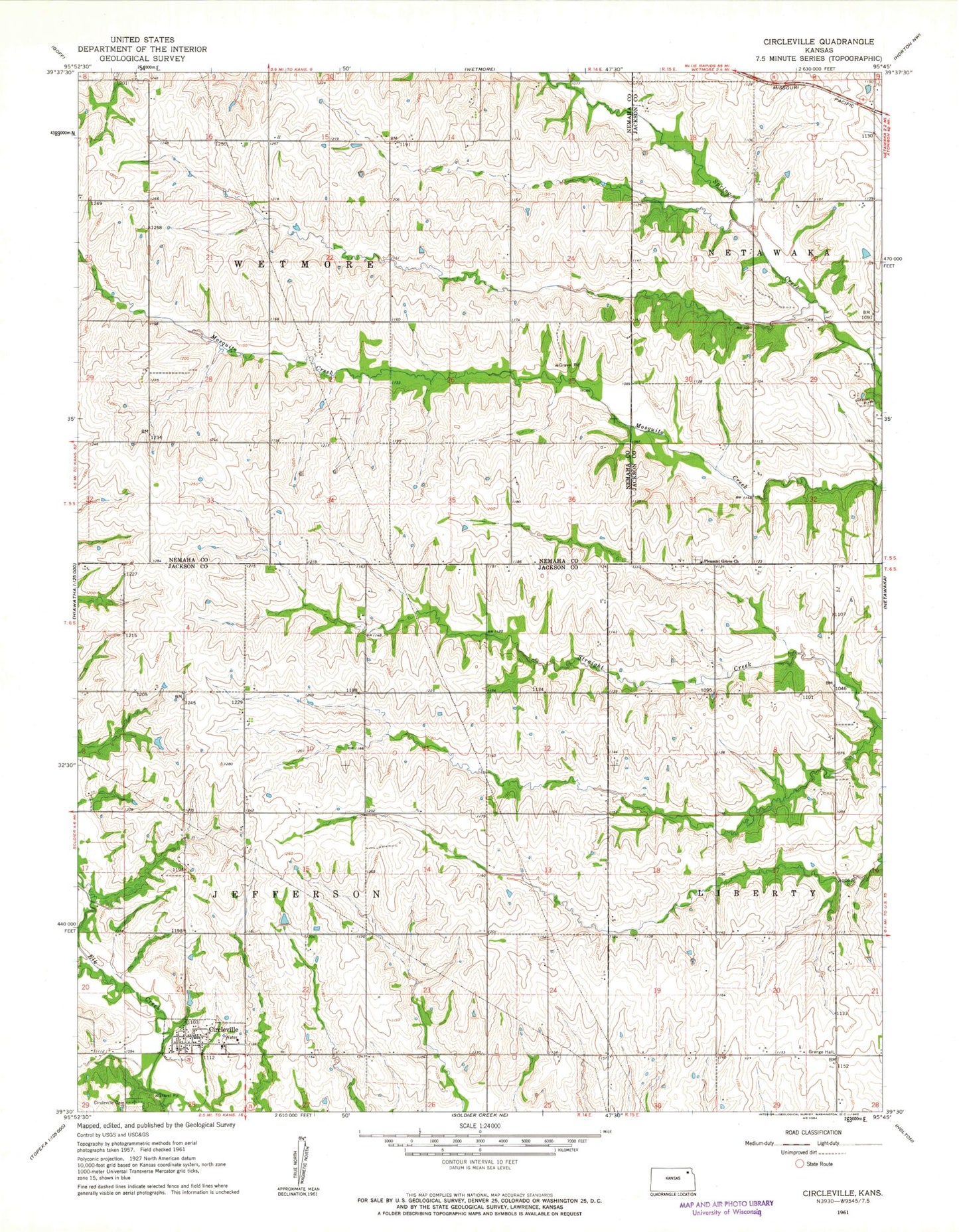 Classic USGS Circleville Kansas 7.5'x7.5' Topo Map Image