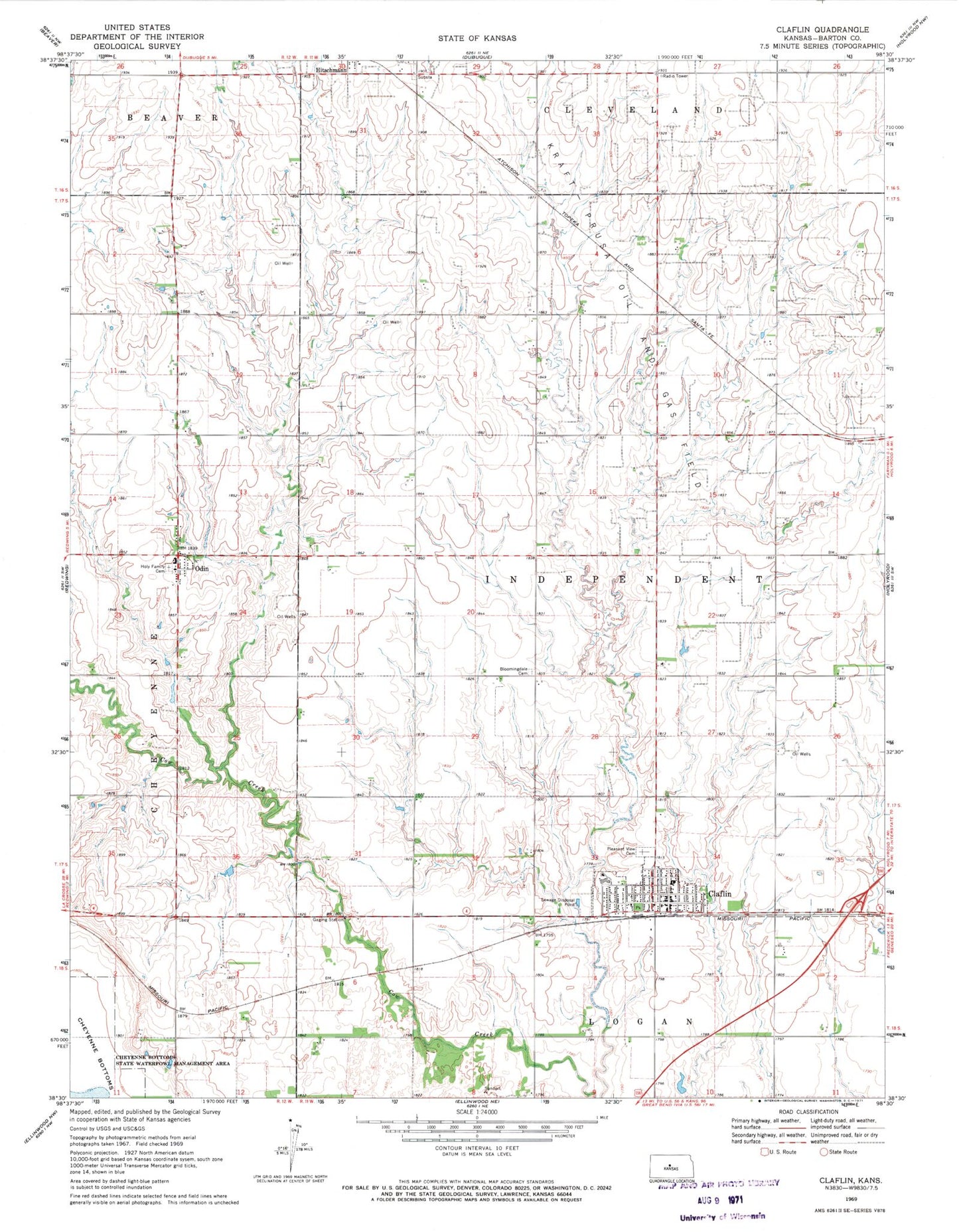 Classic USGS Claflin Kansas 7.5'x7.5' Topo Map Image