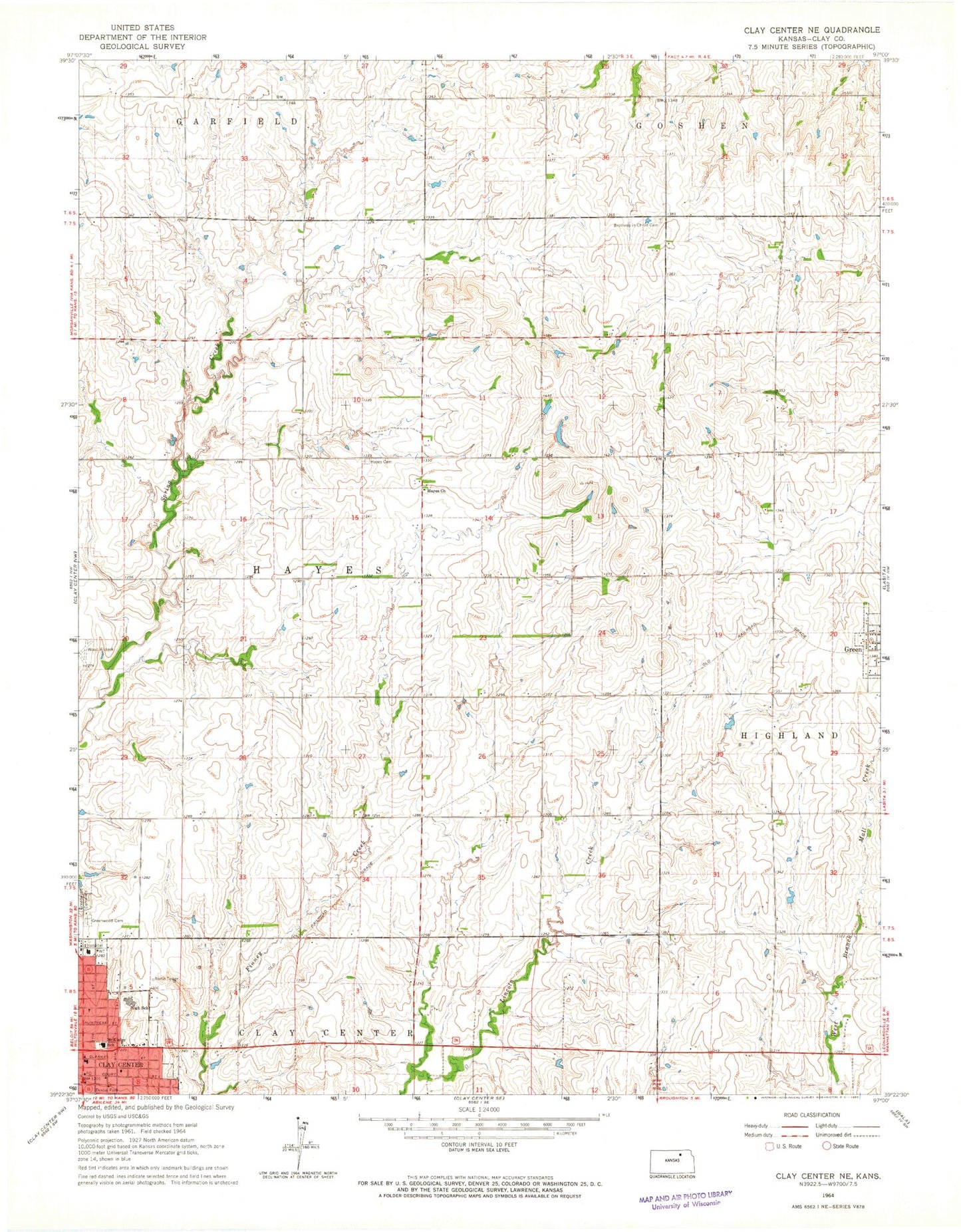 Classic USGS Clay Center NE Kansas 7.5'x7.5' Topo Map Image