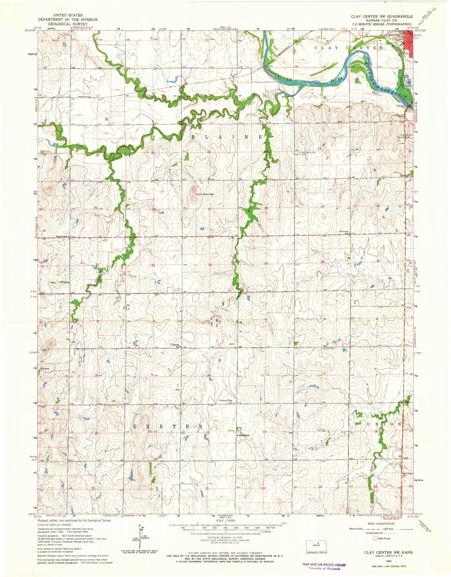 Classic USGS Clay Center SW Kansas 7.5'x7.5' Topo Map Image