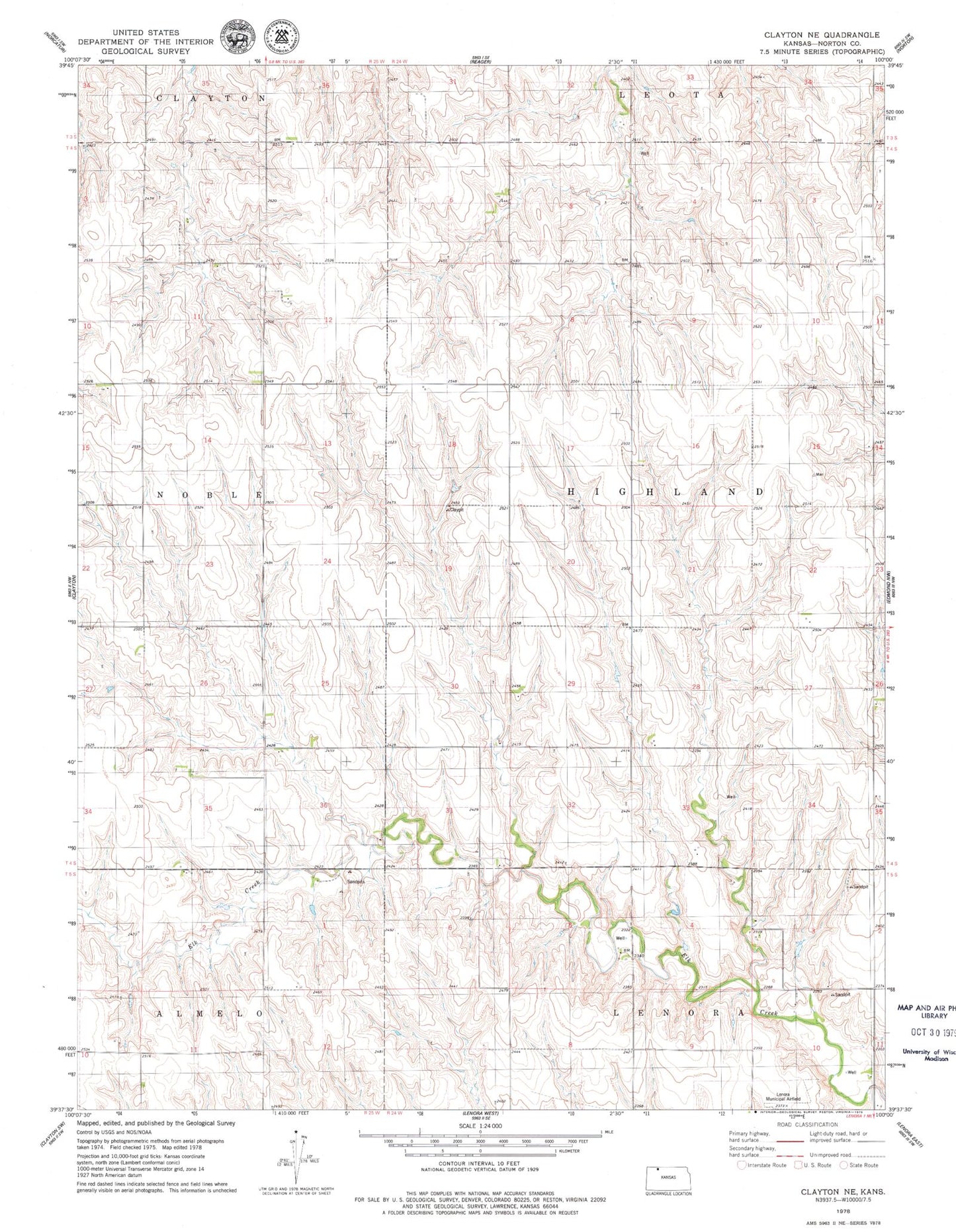 Classic USGS Clayton NE Kansas 7.5'x7.5' Topo Map Image