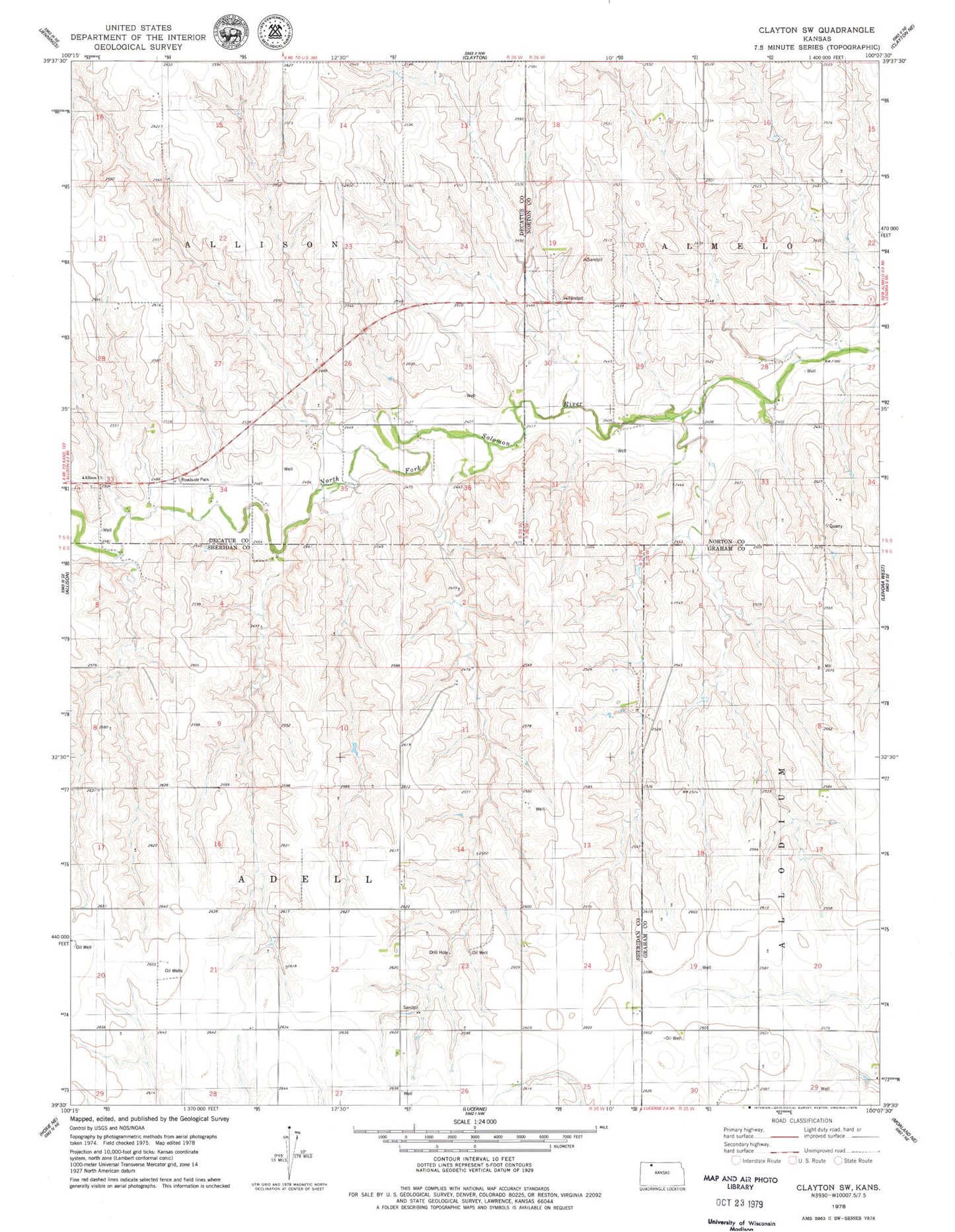 Classic USGS Clayton SW Kansas 7.5'x7.5' Topo Map Image