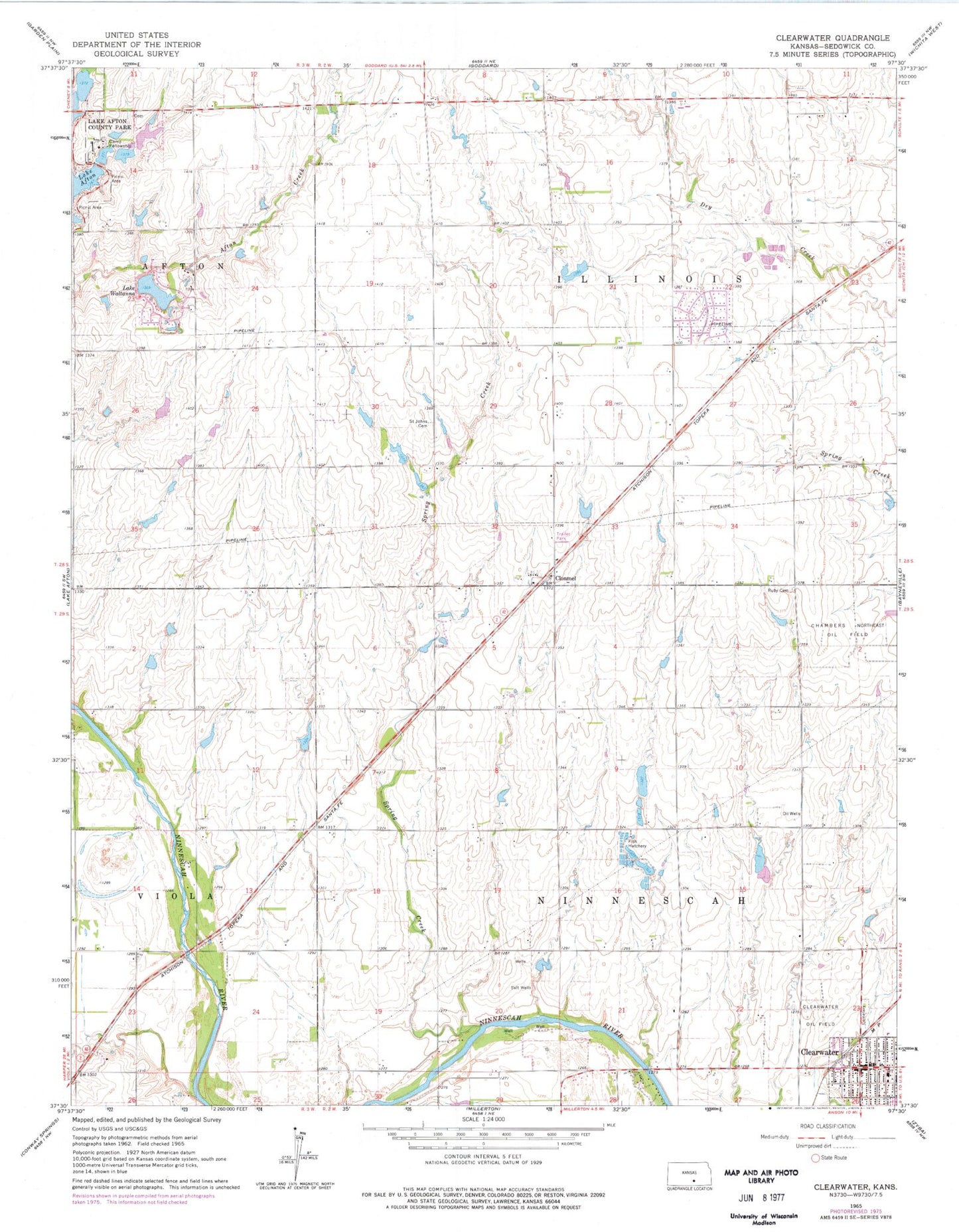 Classic USGS Clearwater Kansas 7.5'x7.5' Topo Map Image