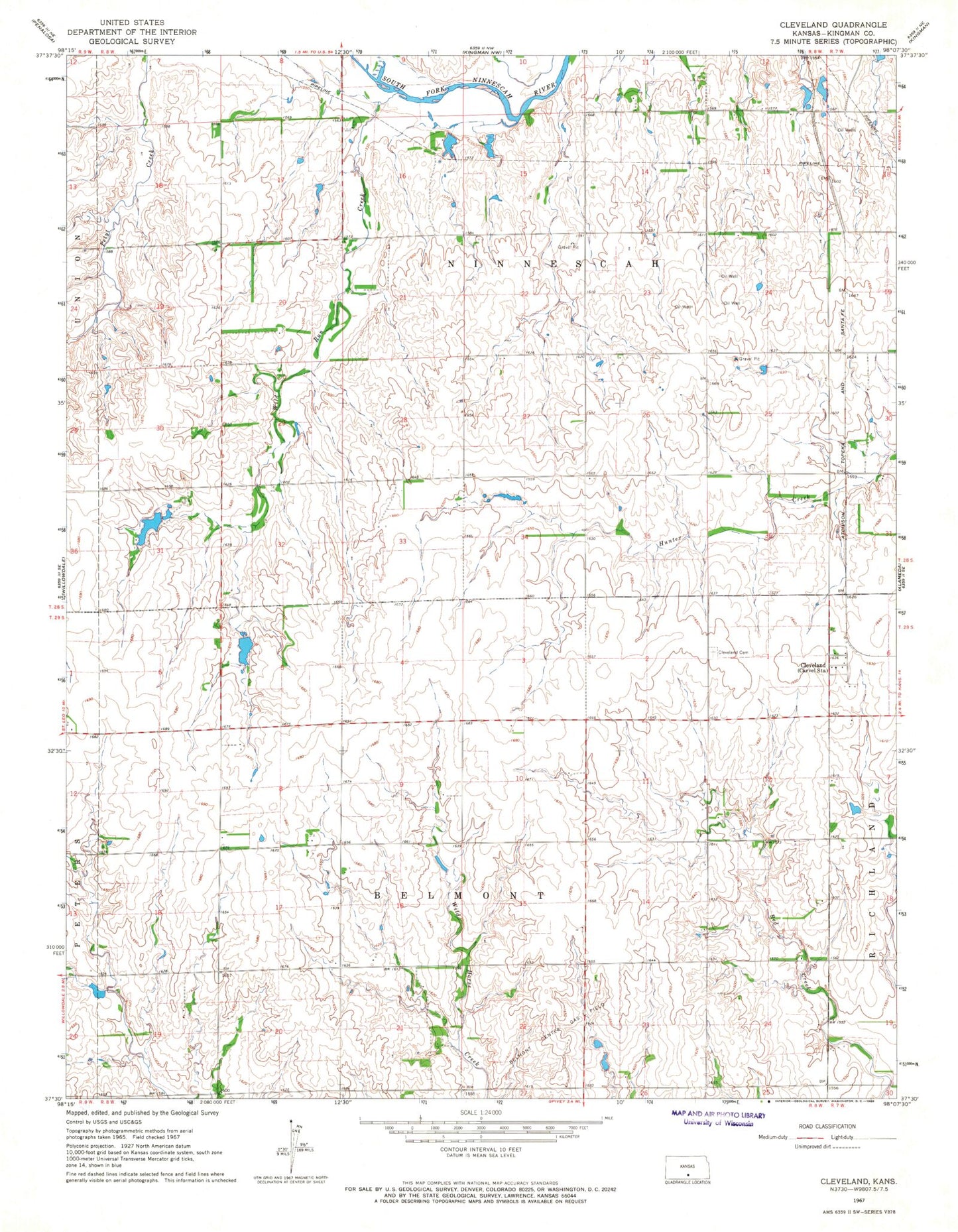 Classic USGS Cleveland Kansas 7.5'x7.5' Topo Map Image