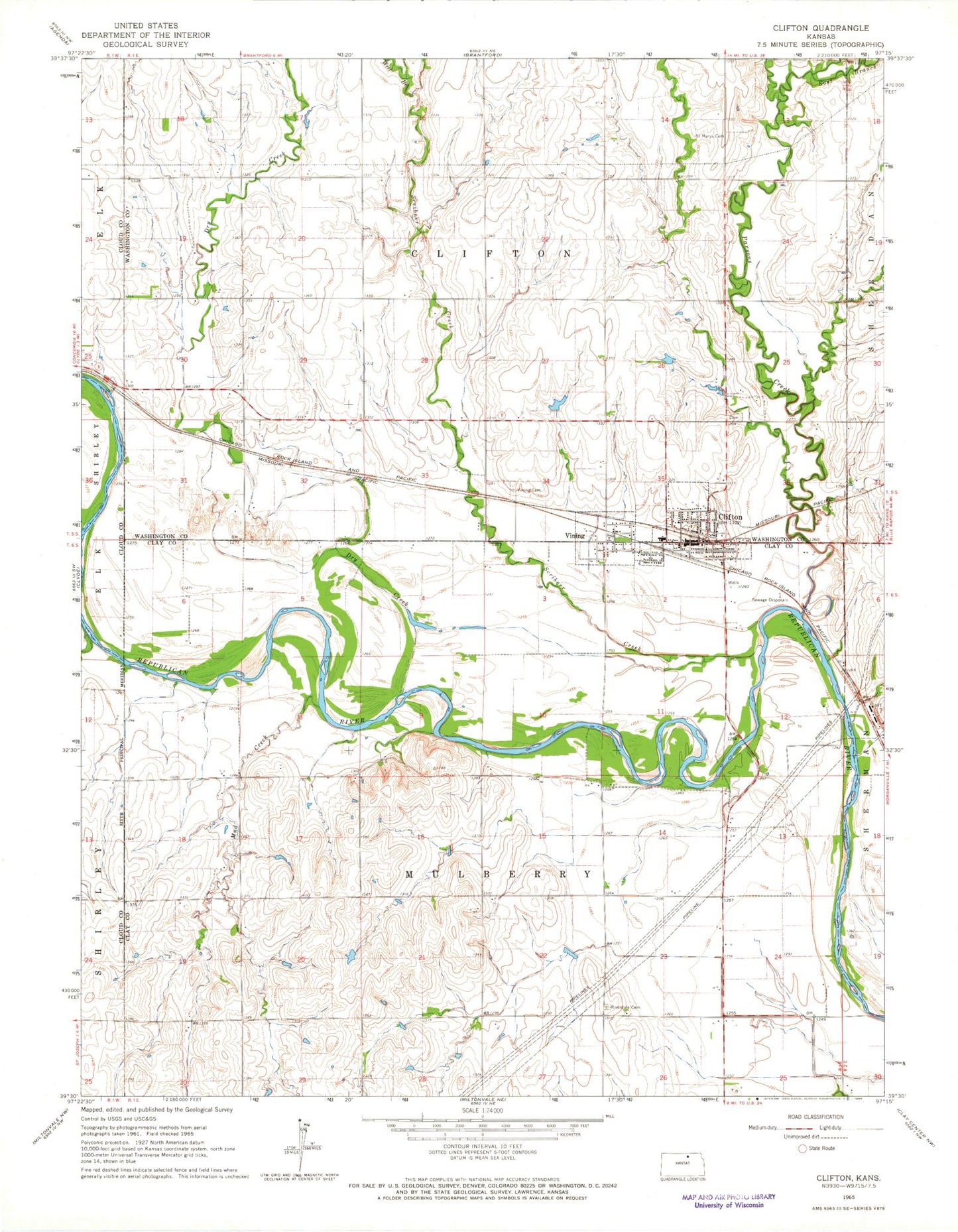 Classic USGS Clifton Kansas 7.5'x7.5' Topo Map Image