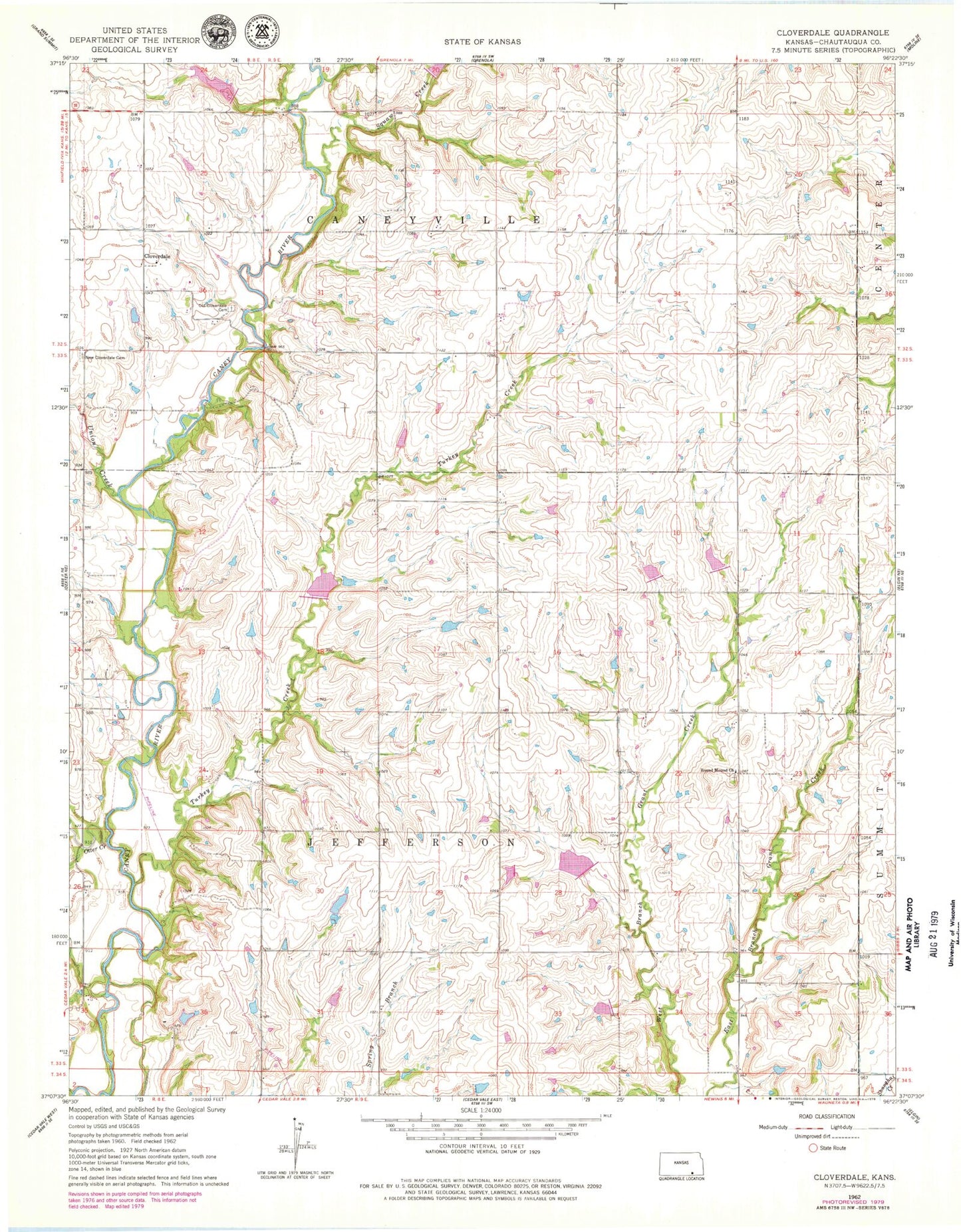 Classic USGS Cloverdale Kansas 7.5'x7.5' Topo Map Image