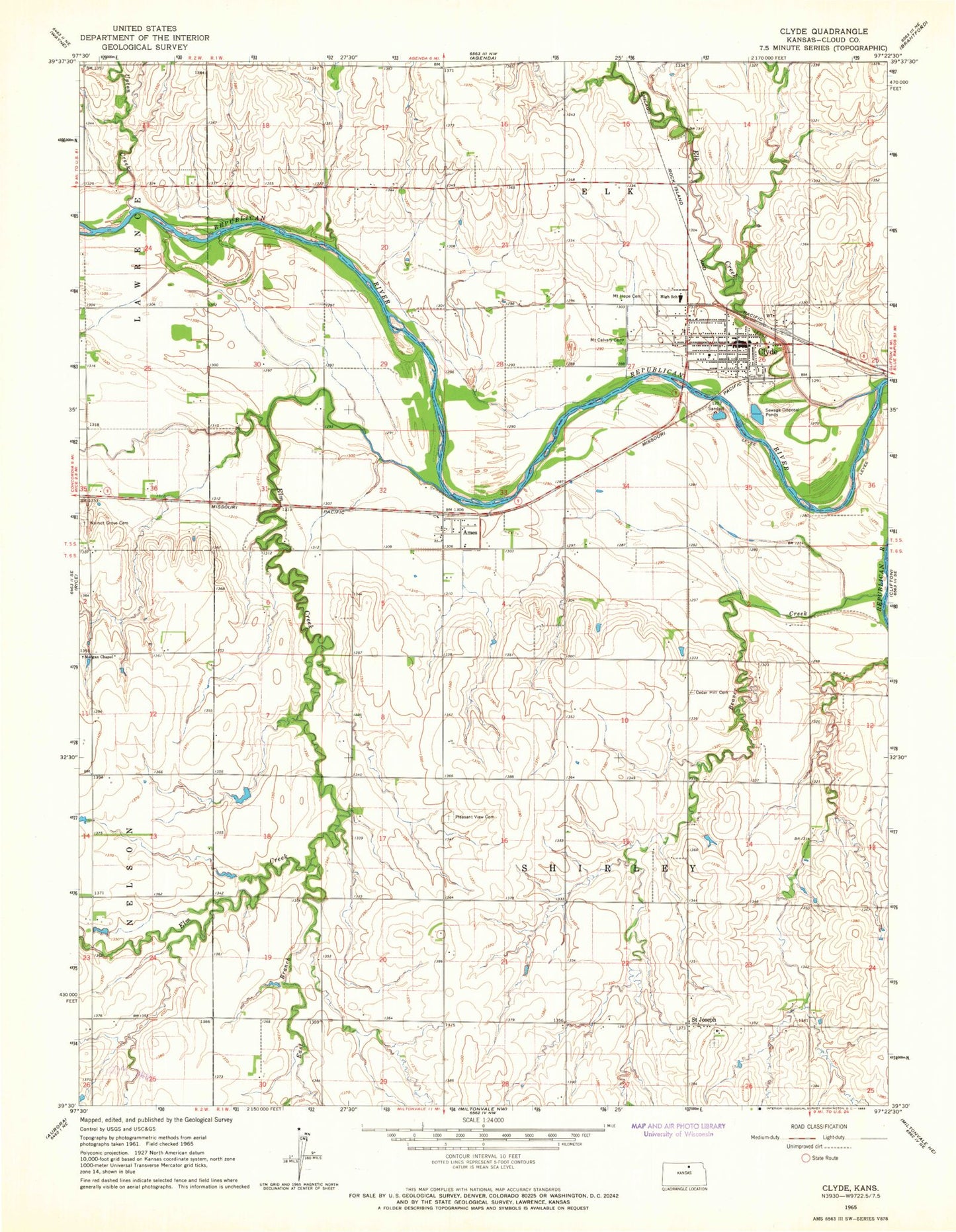 Classic USGS Clyde Kansas 7.5'x7.5' Topo Map Image