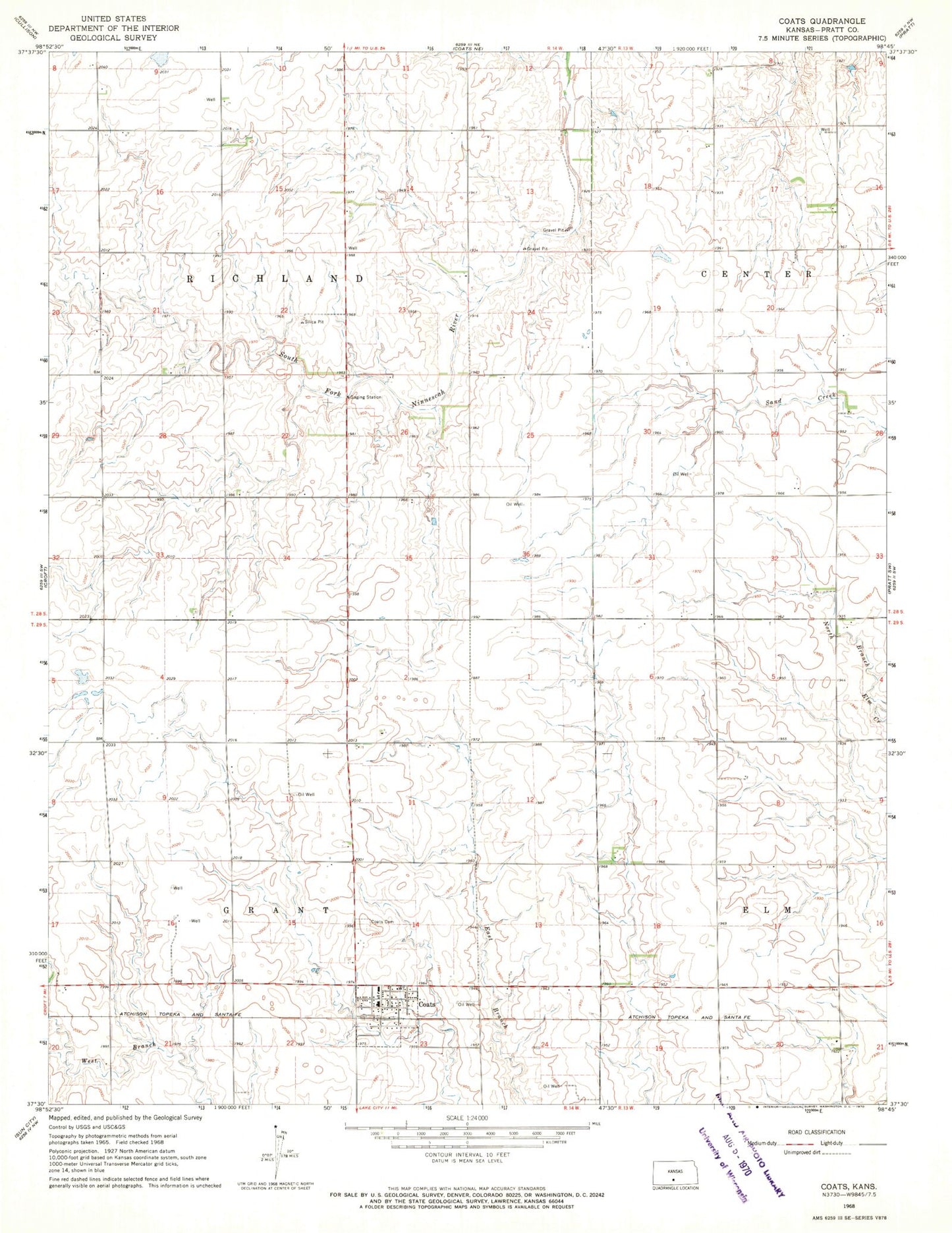 Classic USGS Coats Kansas 7.5'x7.5' Topo Map Image