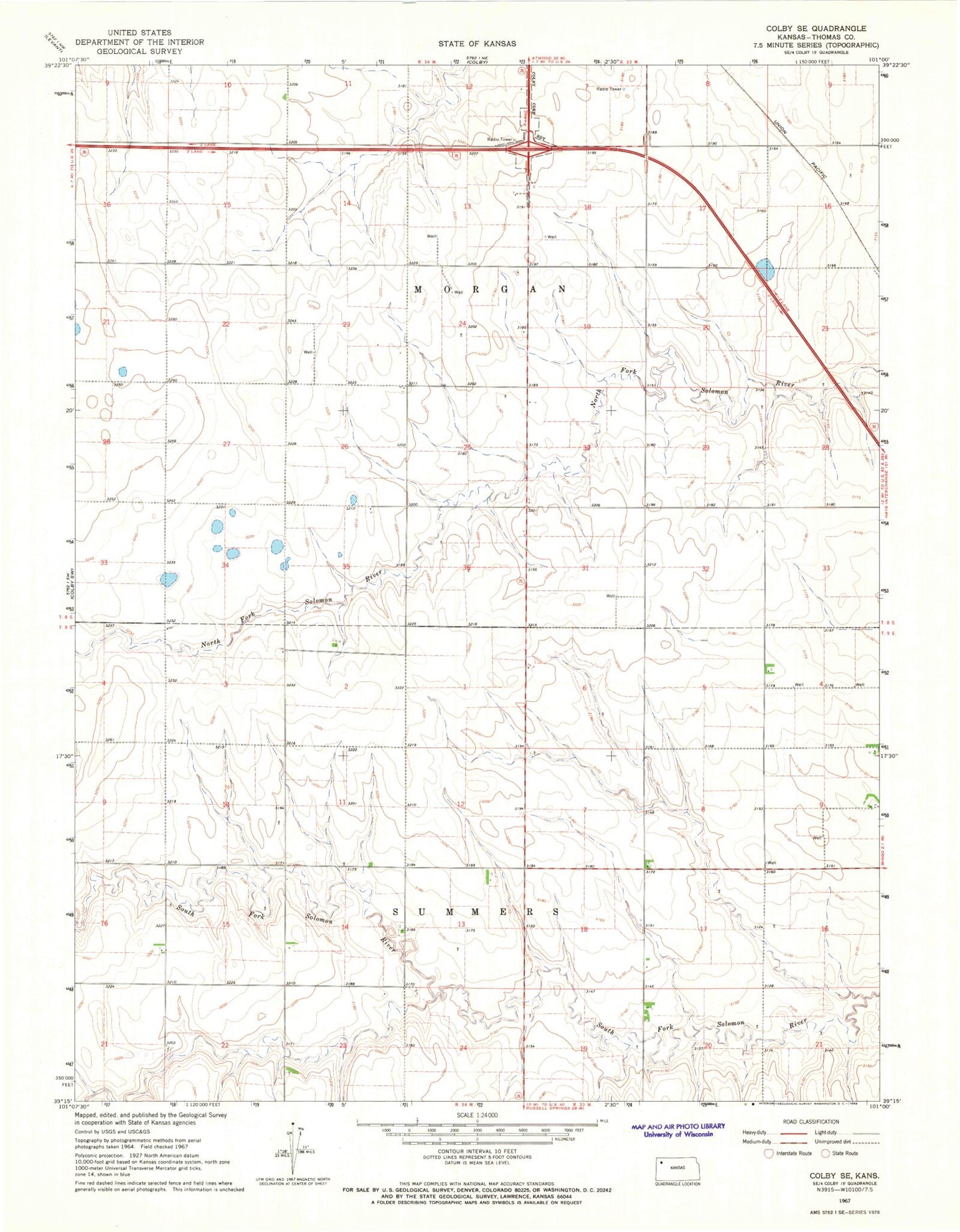 Classic USGS Colby SE Kansas 7.5'x7.5' Topo Map Image