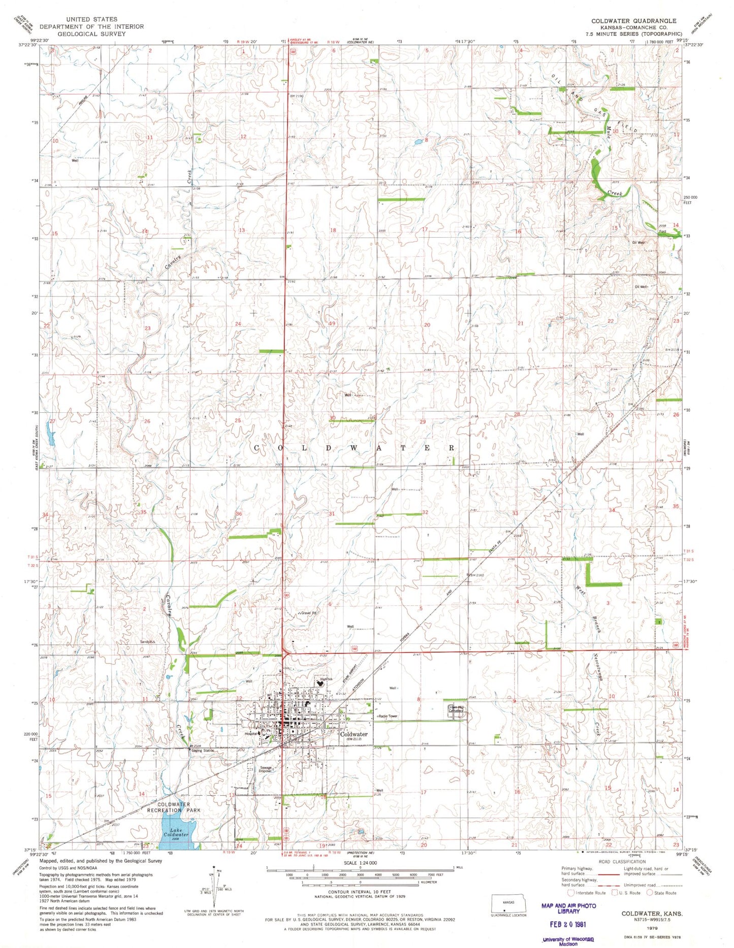 Classic USGS Coldwater Kansas 7.5'x7.5' Topo Map Image