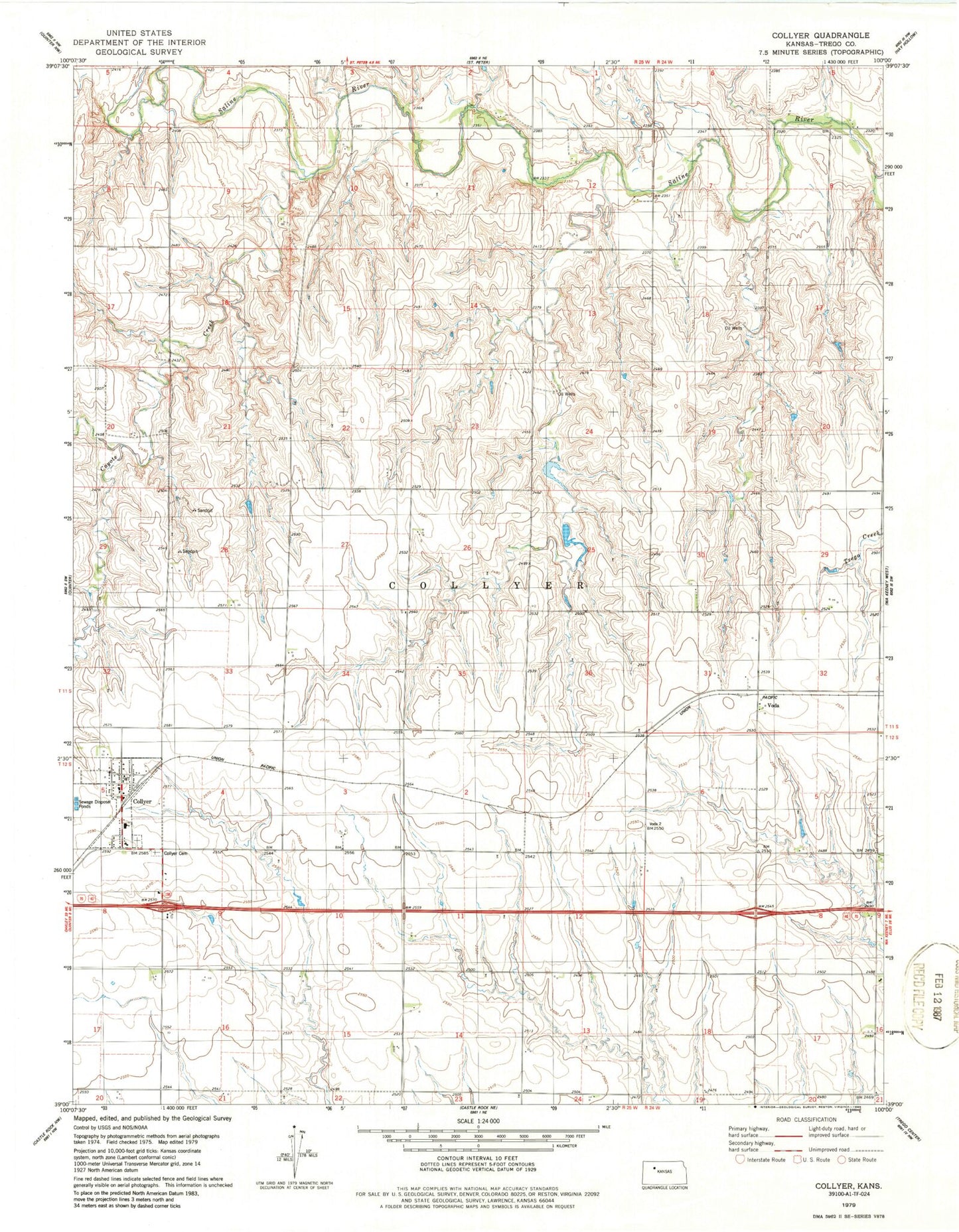 Classic USGS Collyer Kansas 7.5'x7.5' Topo Map Image