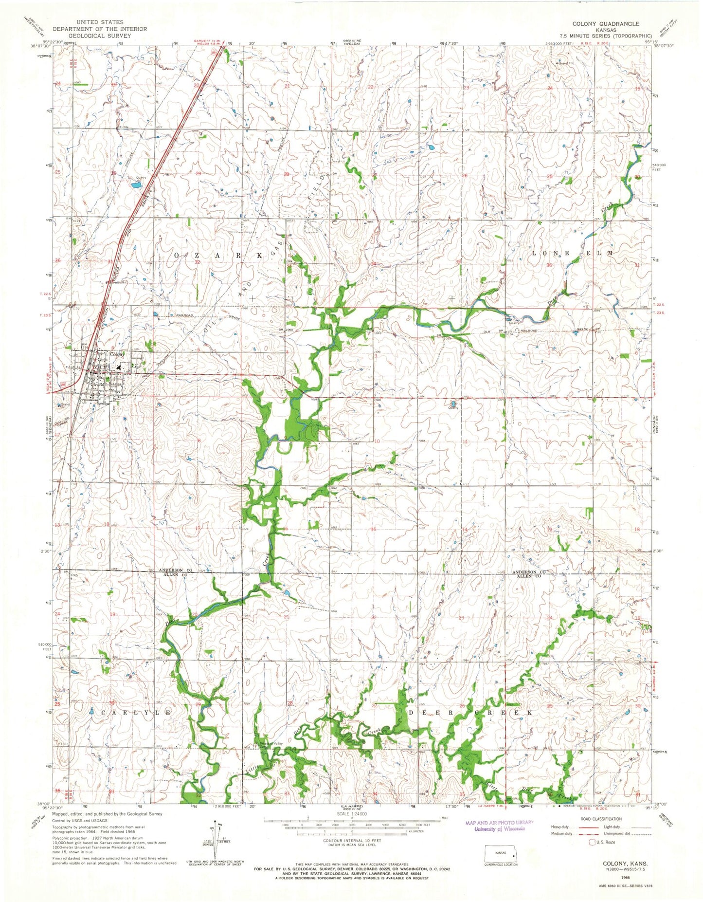 Classic USGS Colony Kansas 7.5'x7.5' Topo Map Image