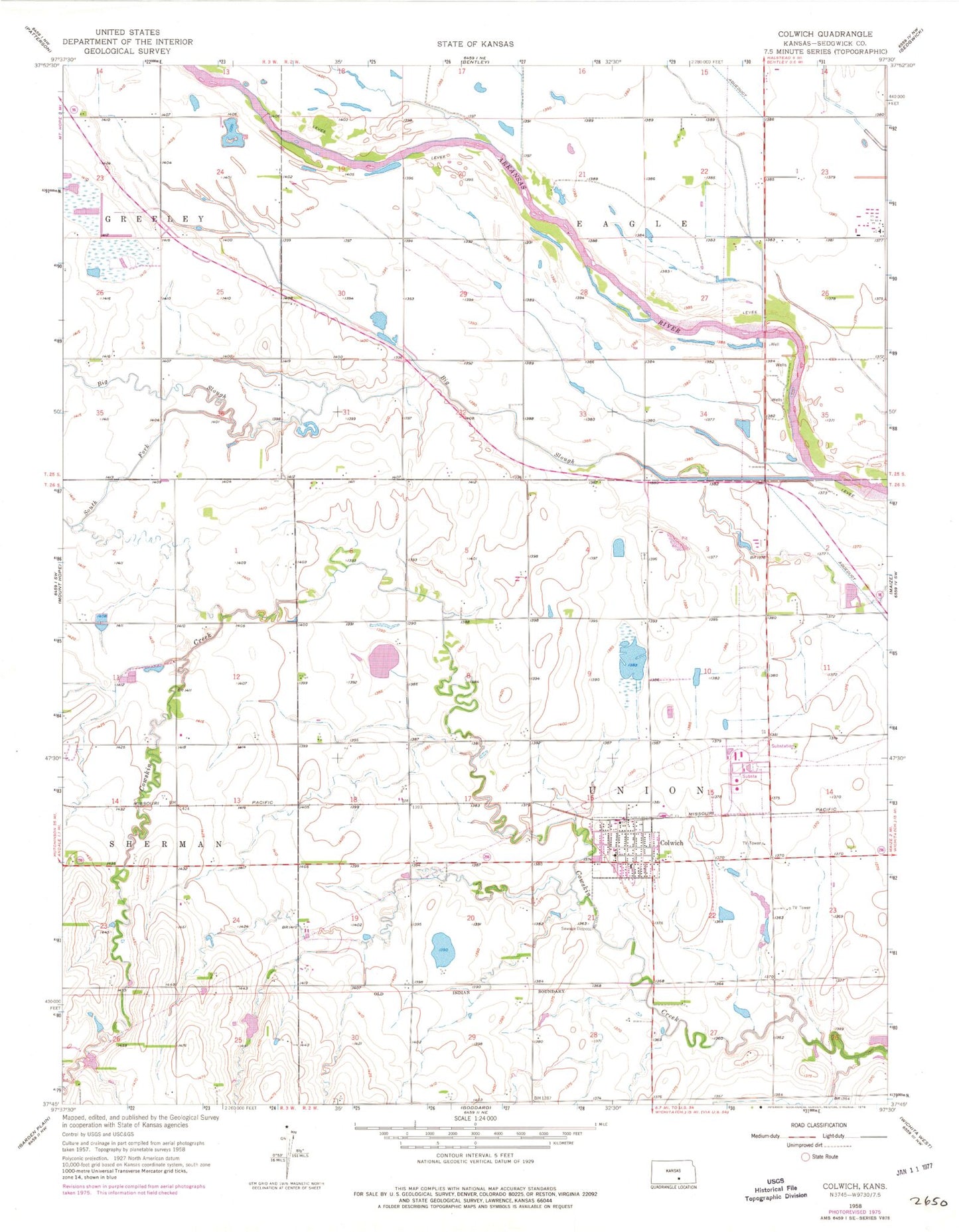 Classic USGS Colwich Kansas 7.5'x7.5' Topo Map Image
