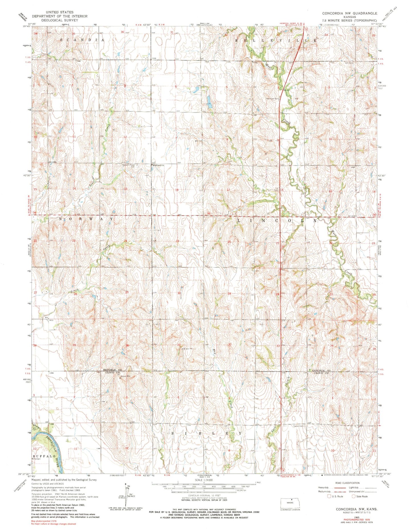 Classic USGS Concordia NW Kansas 7.5'x7.5' Topo Map Image