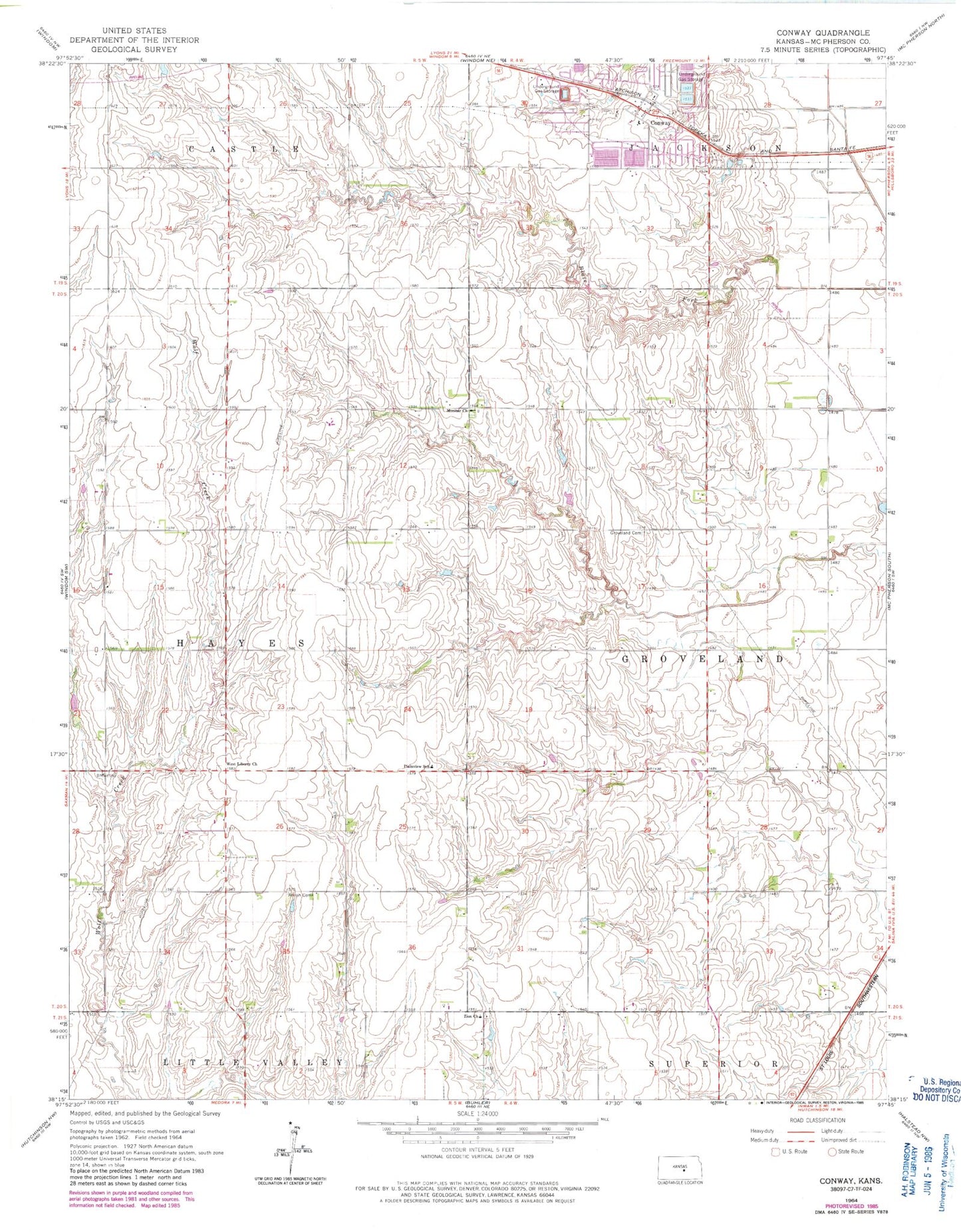 Classic USGS Conway Kansas 7.5'x7.5' Topo Map Image