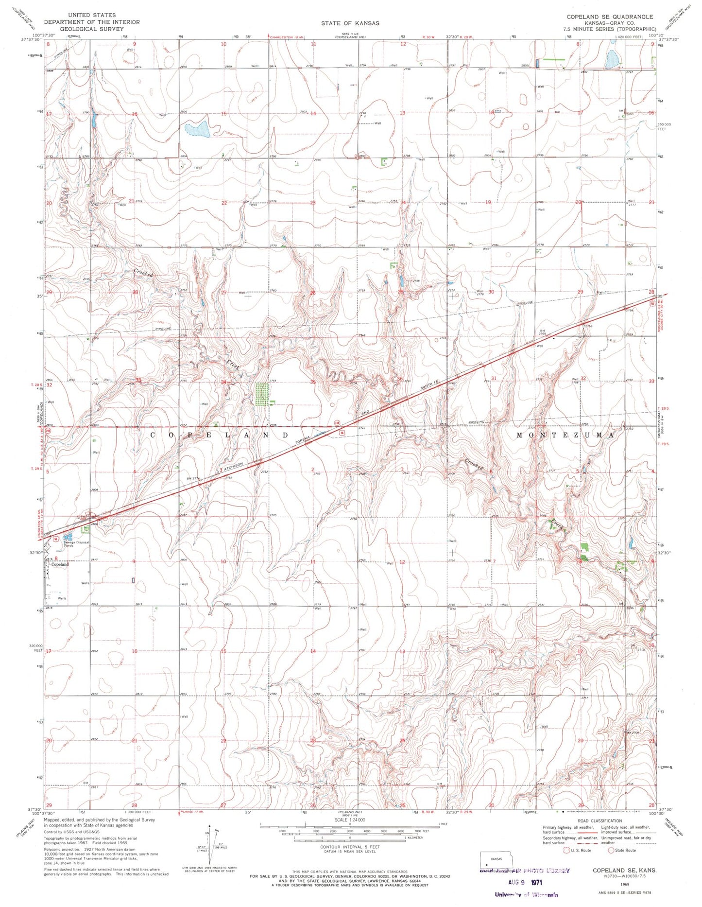 Classic USGS Copeland SE Kansas 7.5'x7.5' Topo Map Image