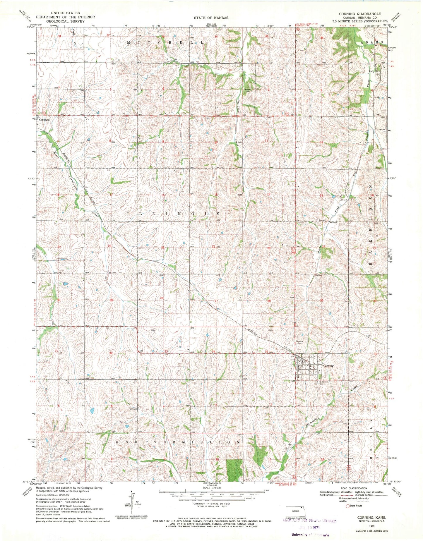 Classic USGS Corning Kansas 7.5'x7.5' Topo Map Image