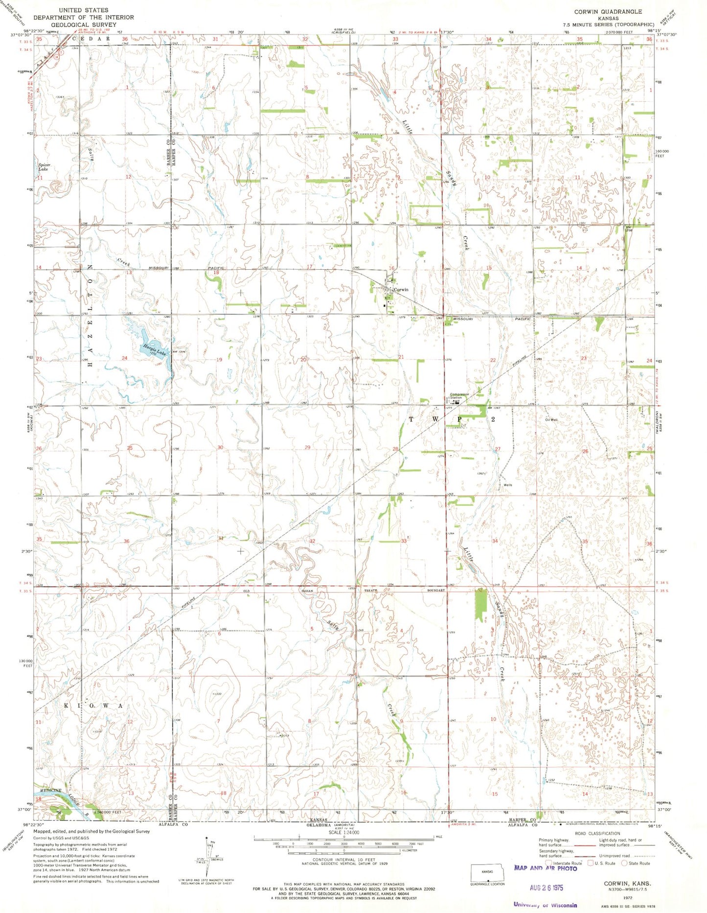 Classic USGS Corwin Kansas 7.5'x7.5' Topo Map Image