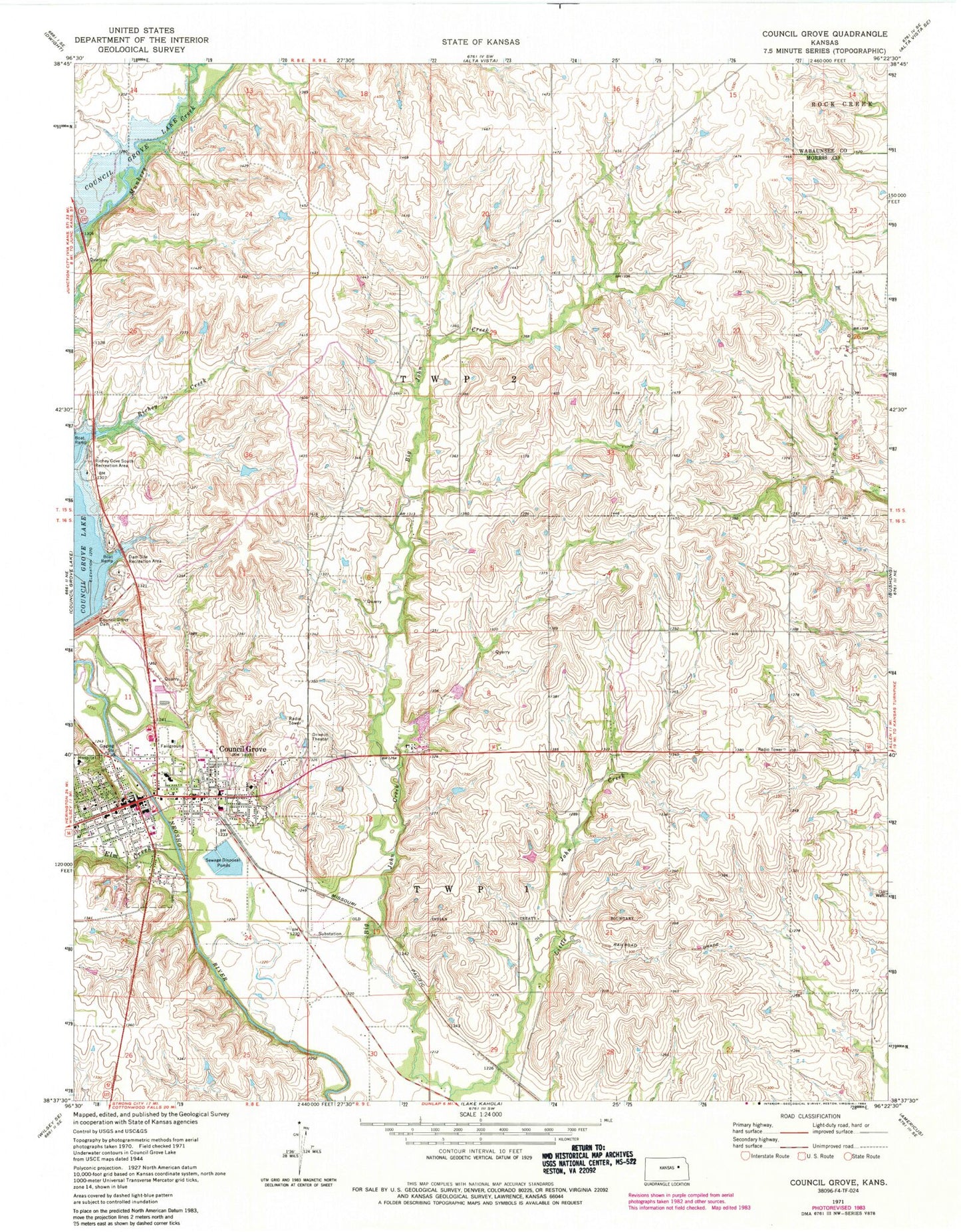 Classic USGS Council Grove Kansas 7.5'x7.5' Topo Map Image