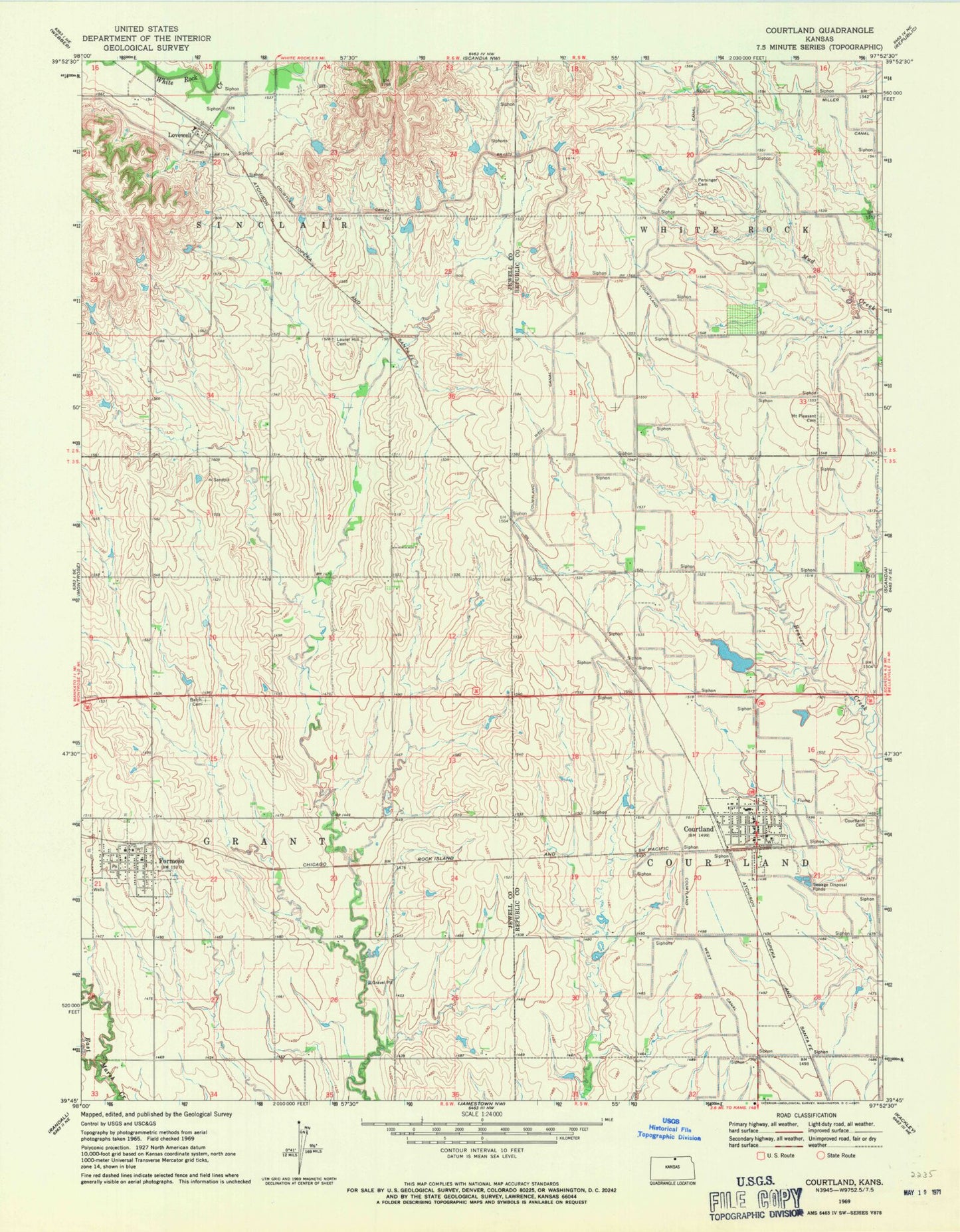 Classic USGS Courtland Kansas 7.5'x7.5' Topo Map Image
