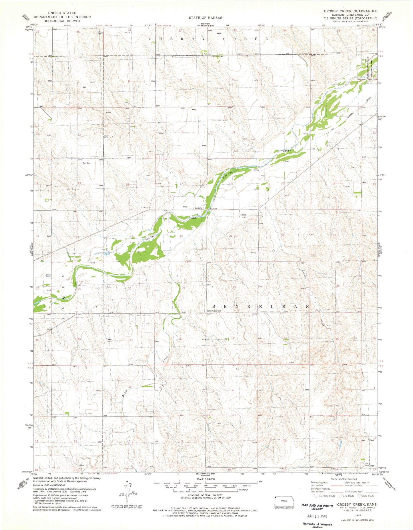Classic USGS Crosby Creek Kansas 7.5'x7.5' Topo Map Image