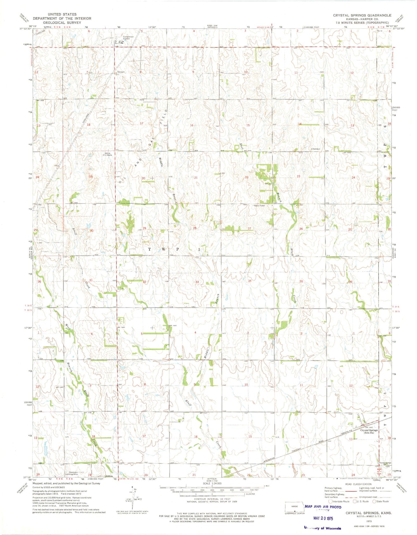 Classic USGS Crystal Springs Kansas 7.5'x7.5' Topo Map Image