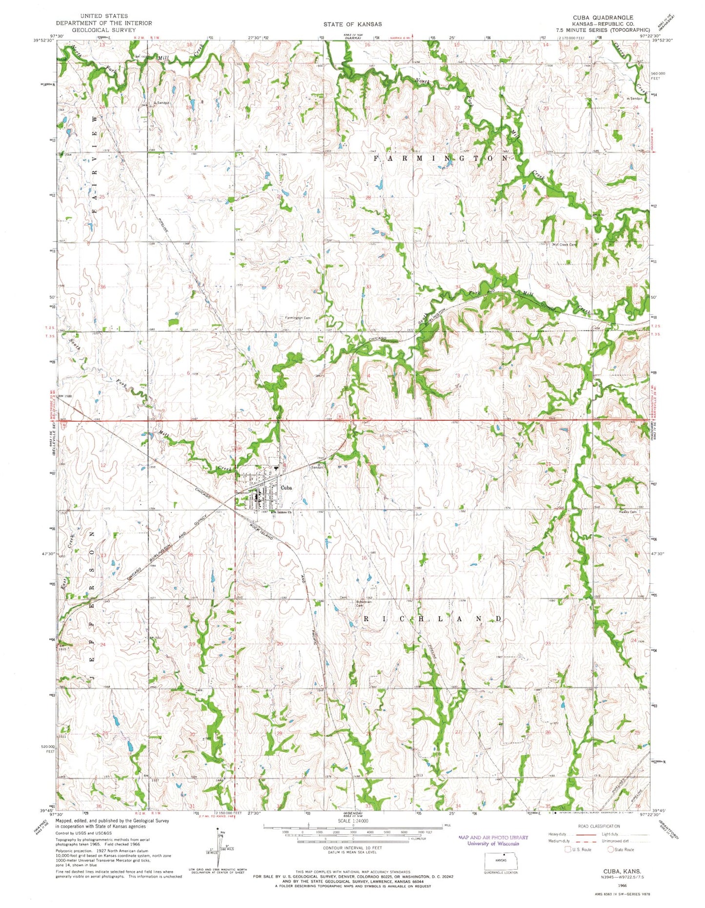 Classic USGS Cuba Kansas 7.5'x7.5' Topo Map Image