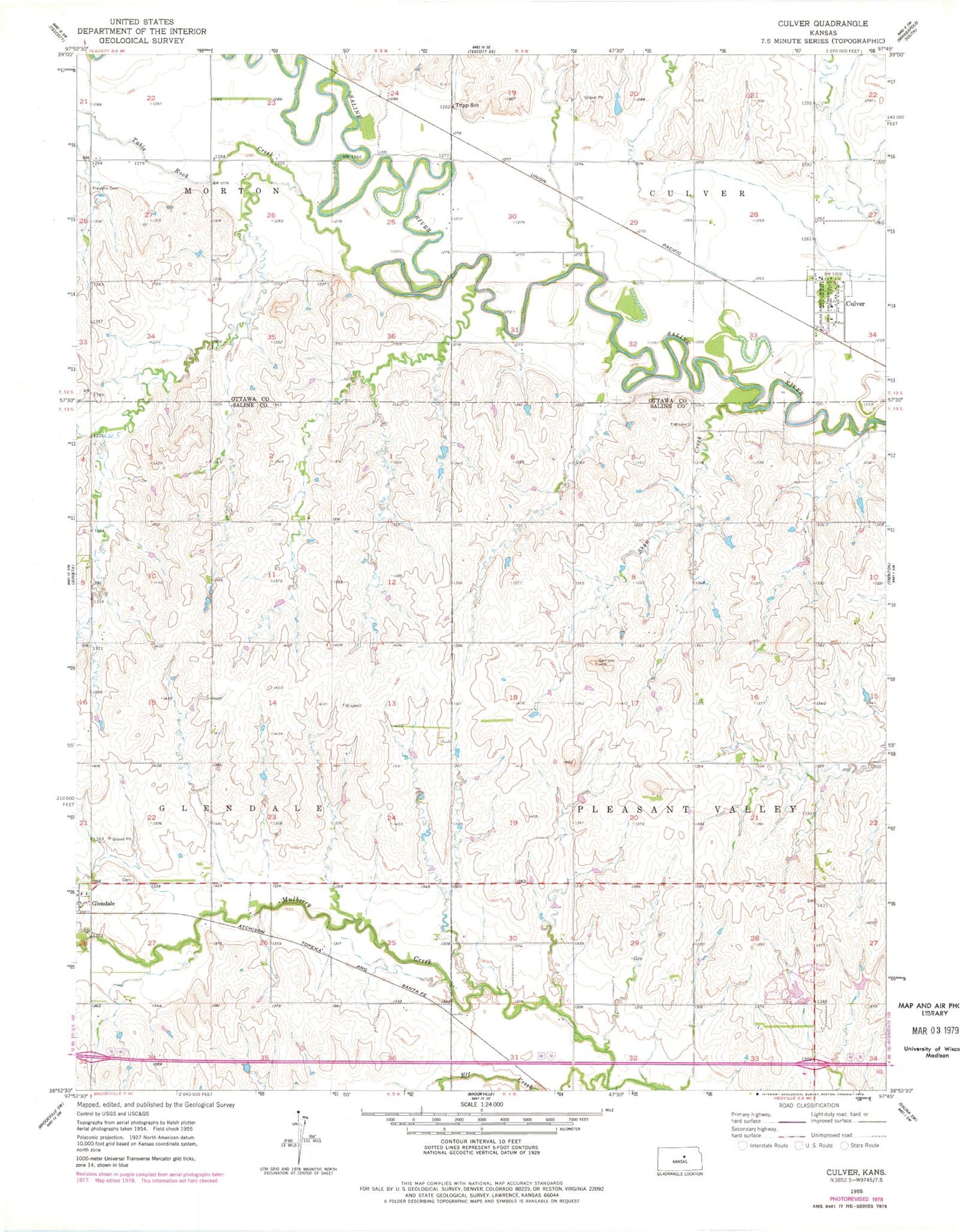 Classic USGS Culver Kansas 7.5'x7.5' Topo Map Image