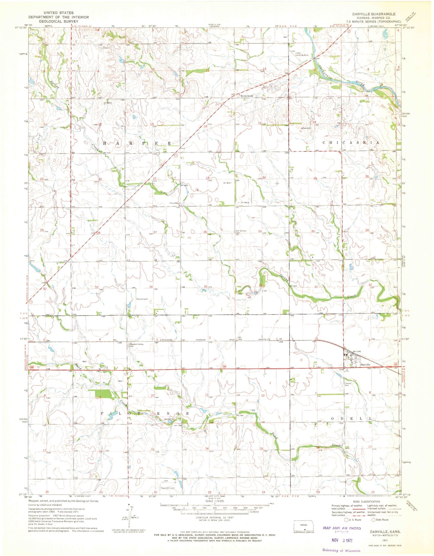 Classic USGS Danville Kansas 7.5'x7.5' Topo Map Image
