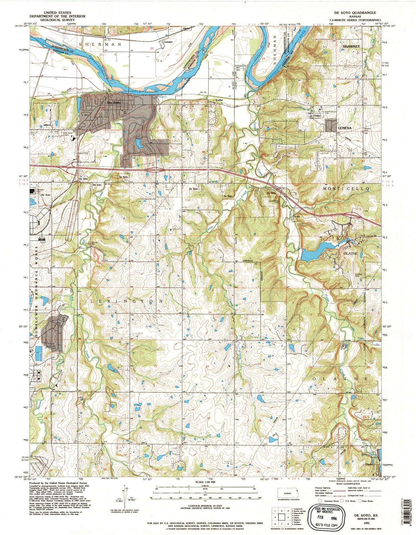 Classic USGS De Soto Kansas 7.5'x7.5' Topo Map Image