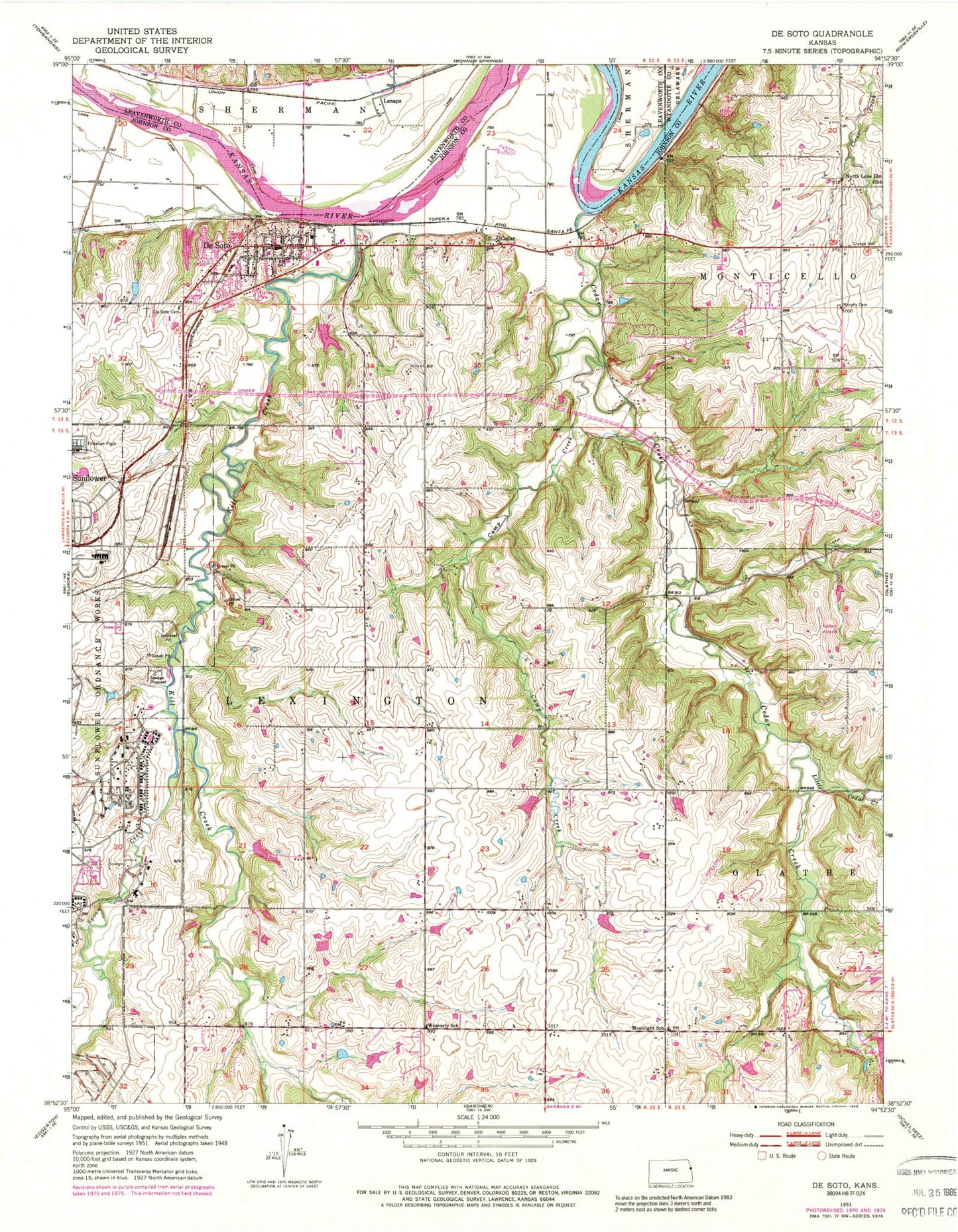 Classic USGS De Soto Kansas 7.5'x7.5' Topo Map Image
