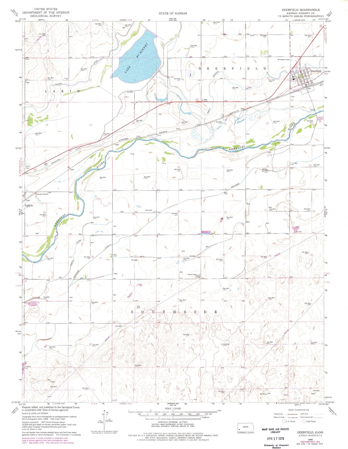 Classic USGS Deerfield Kansas 7.5'x7.5' Topo Map Image