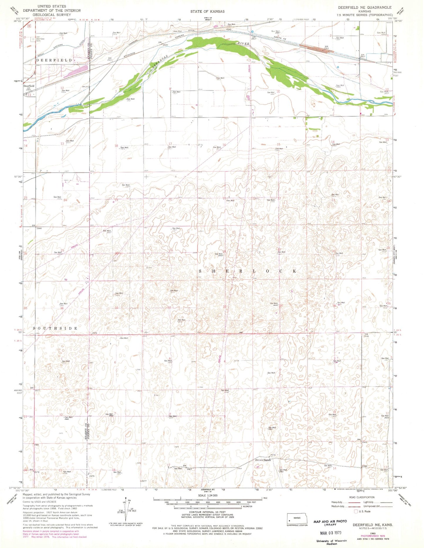 Classic USGS Deerfield NE Kansas 7.5'x7.5' Topo Map Image
