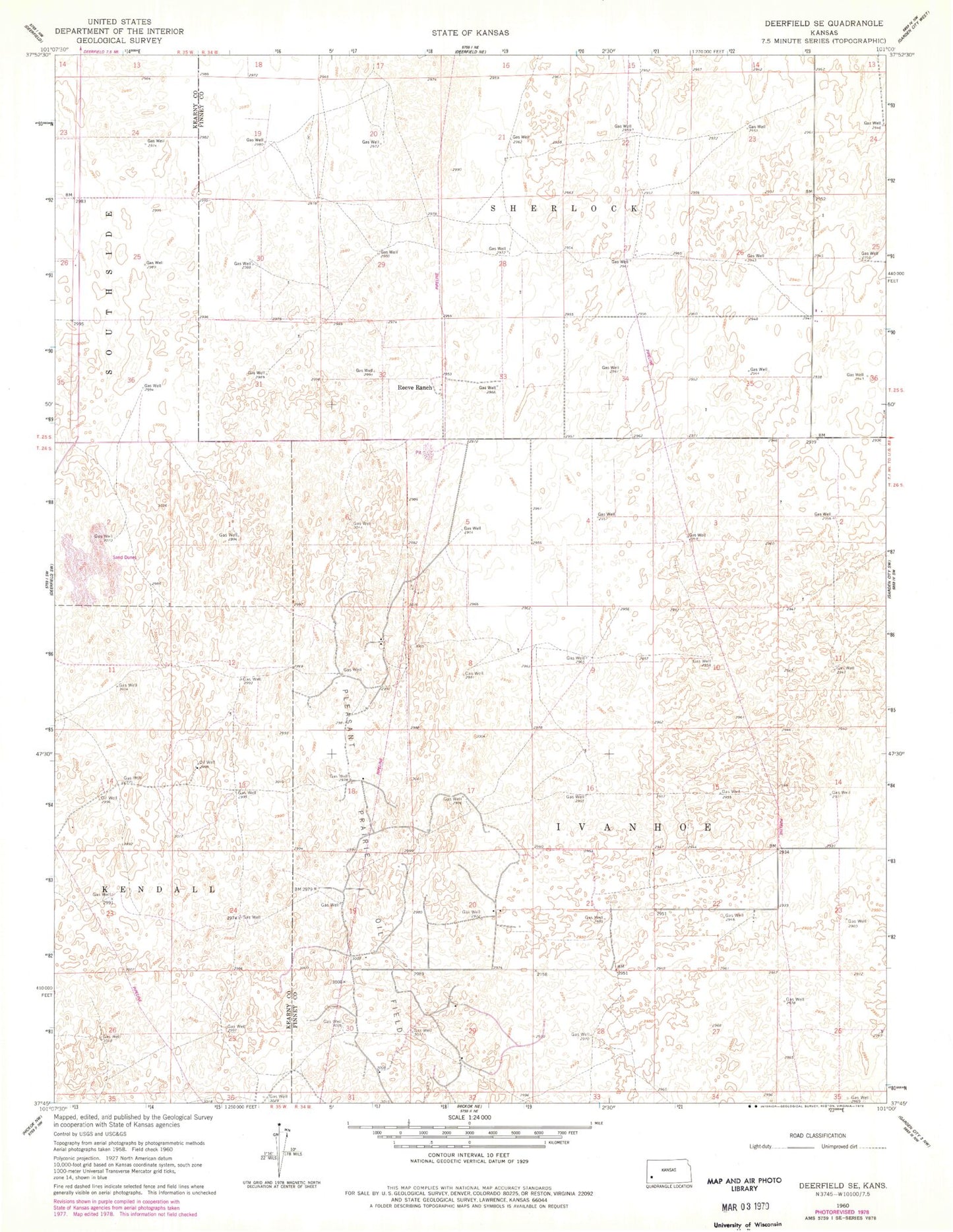 Classic USGS Deerfield SE Kansas 7.5'x7.5' Topo Map Image
