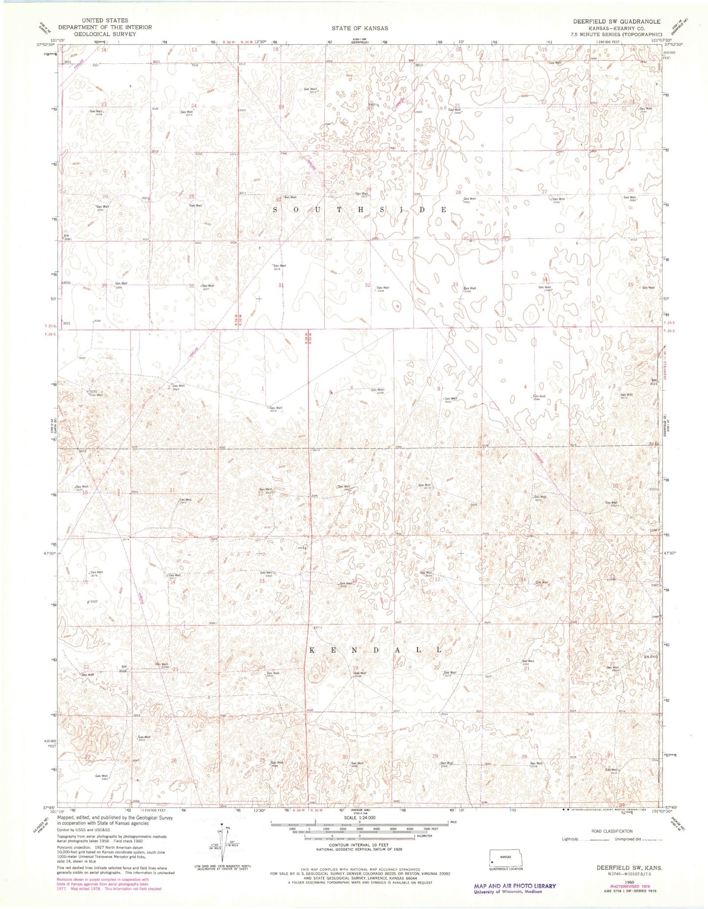 Classic USGS Deerfield SW Kansas 7.5'x7.5' Topo Map Image