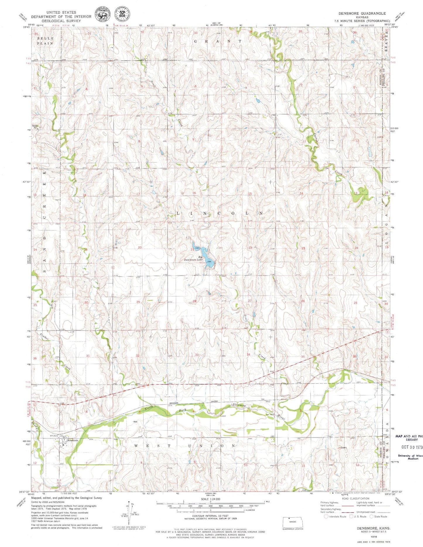 Classic USGS Densmore Kansas 7.5'x7.5' Topo Map Image