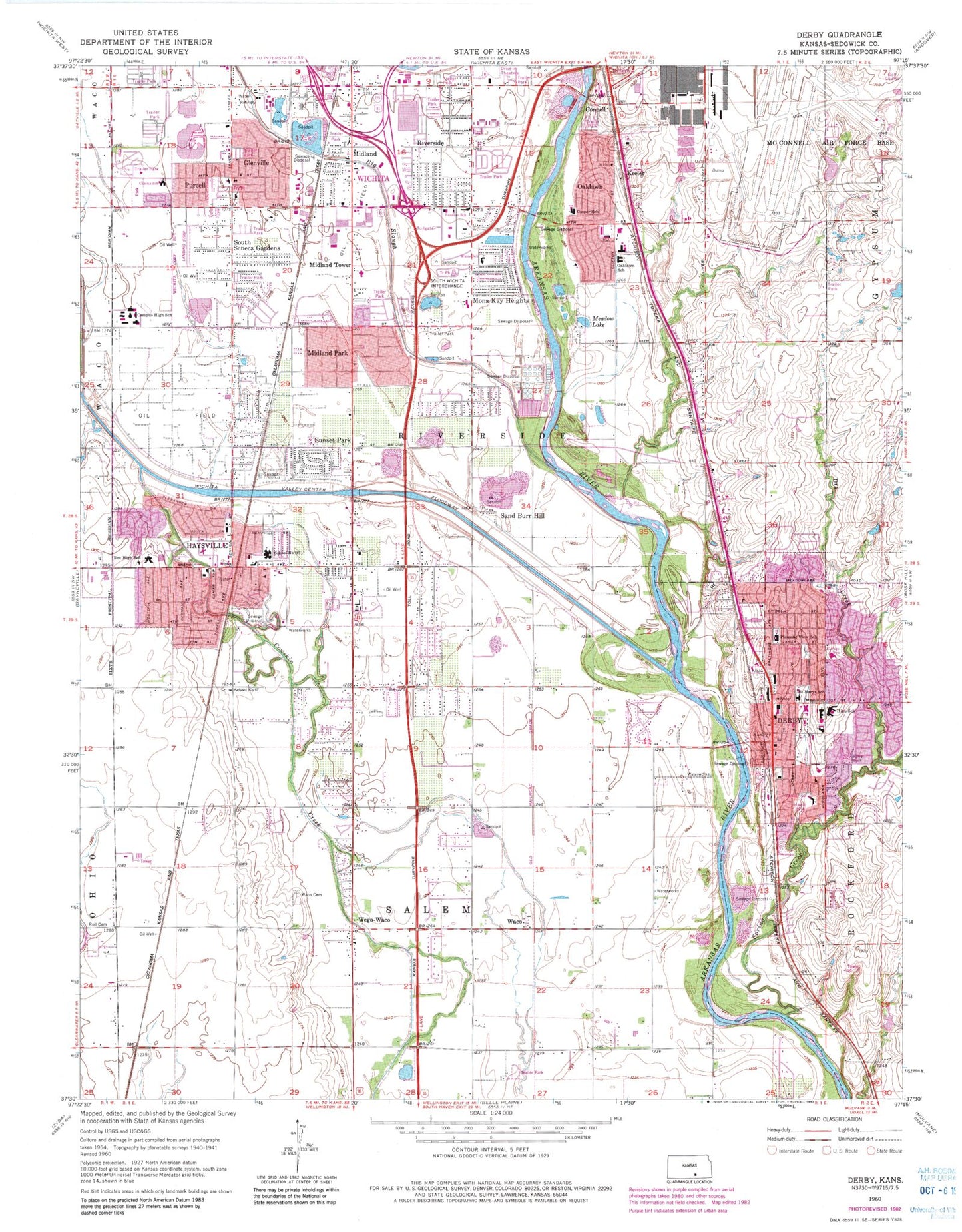 Classic USGS Derby Kansas 7.5'x7.5' Topo Map Image