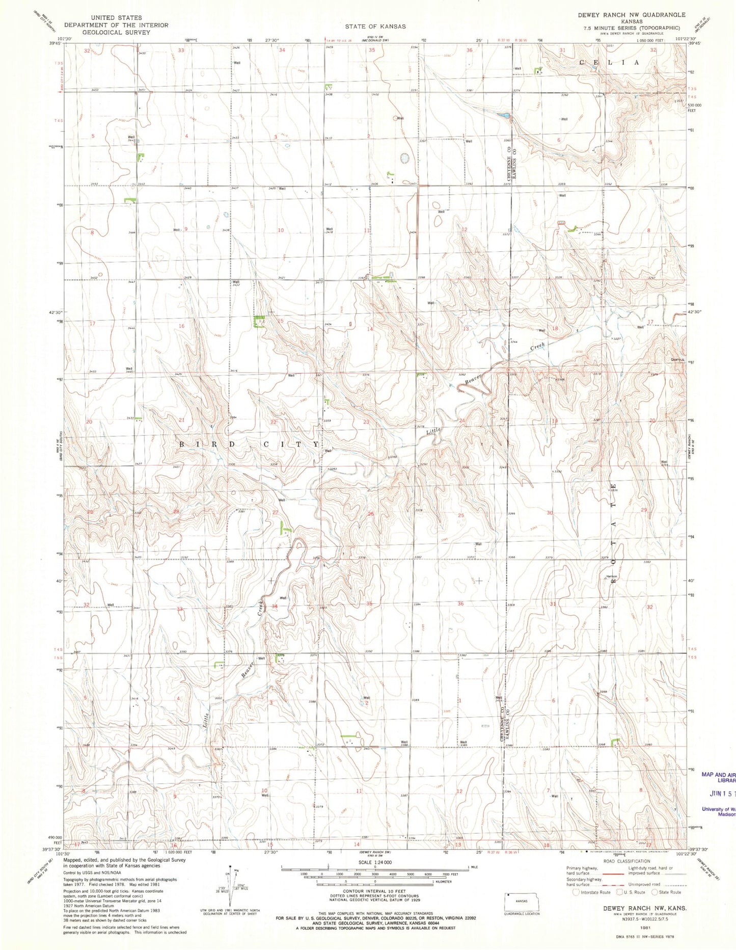 Classic USGS Dewey Ranch NW Kansas 7.5'x7.5' Topo Map Image