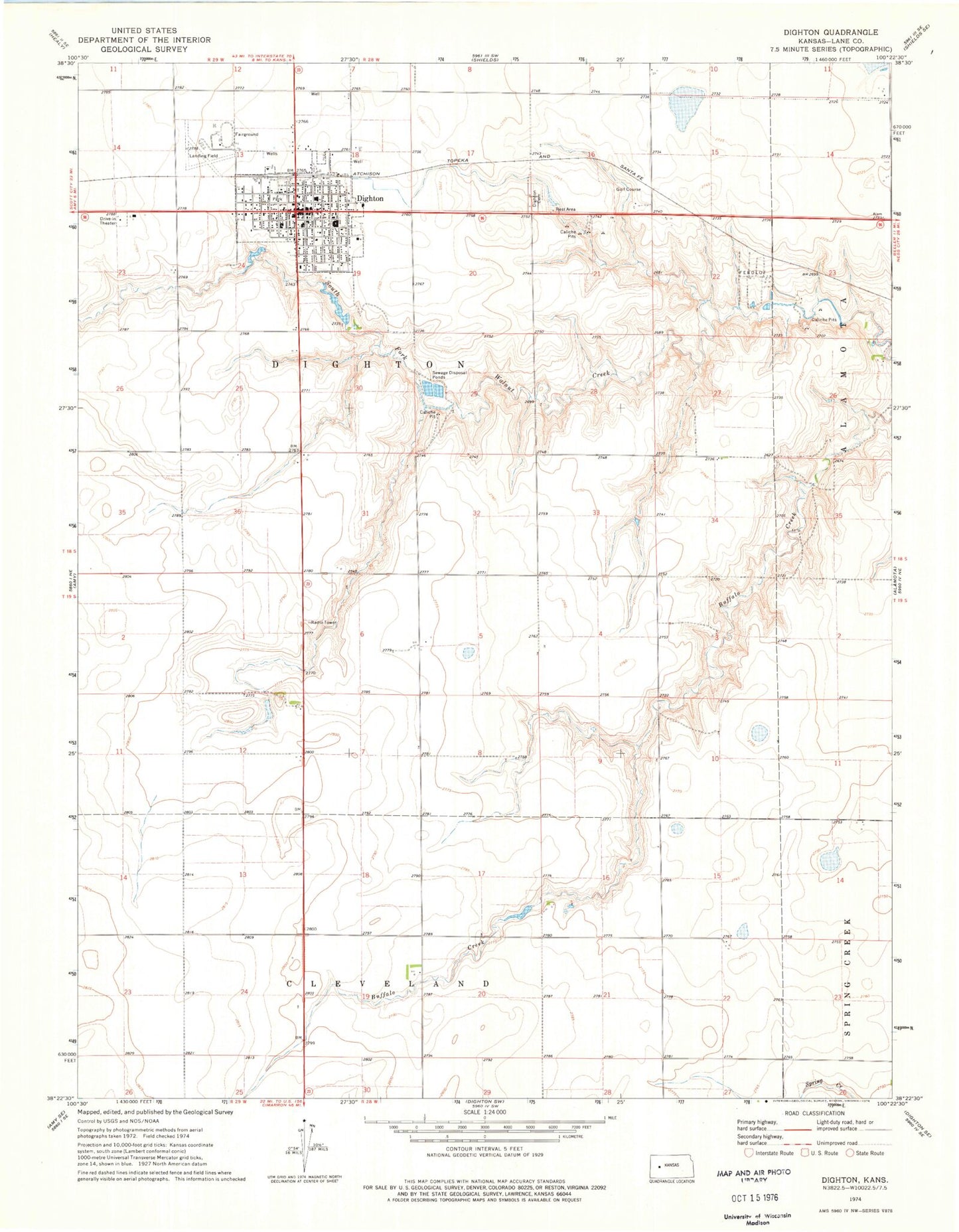 Classic USGS Dighton Kansas 7.5'x7.5' Topo Map Image