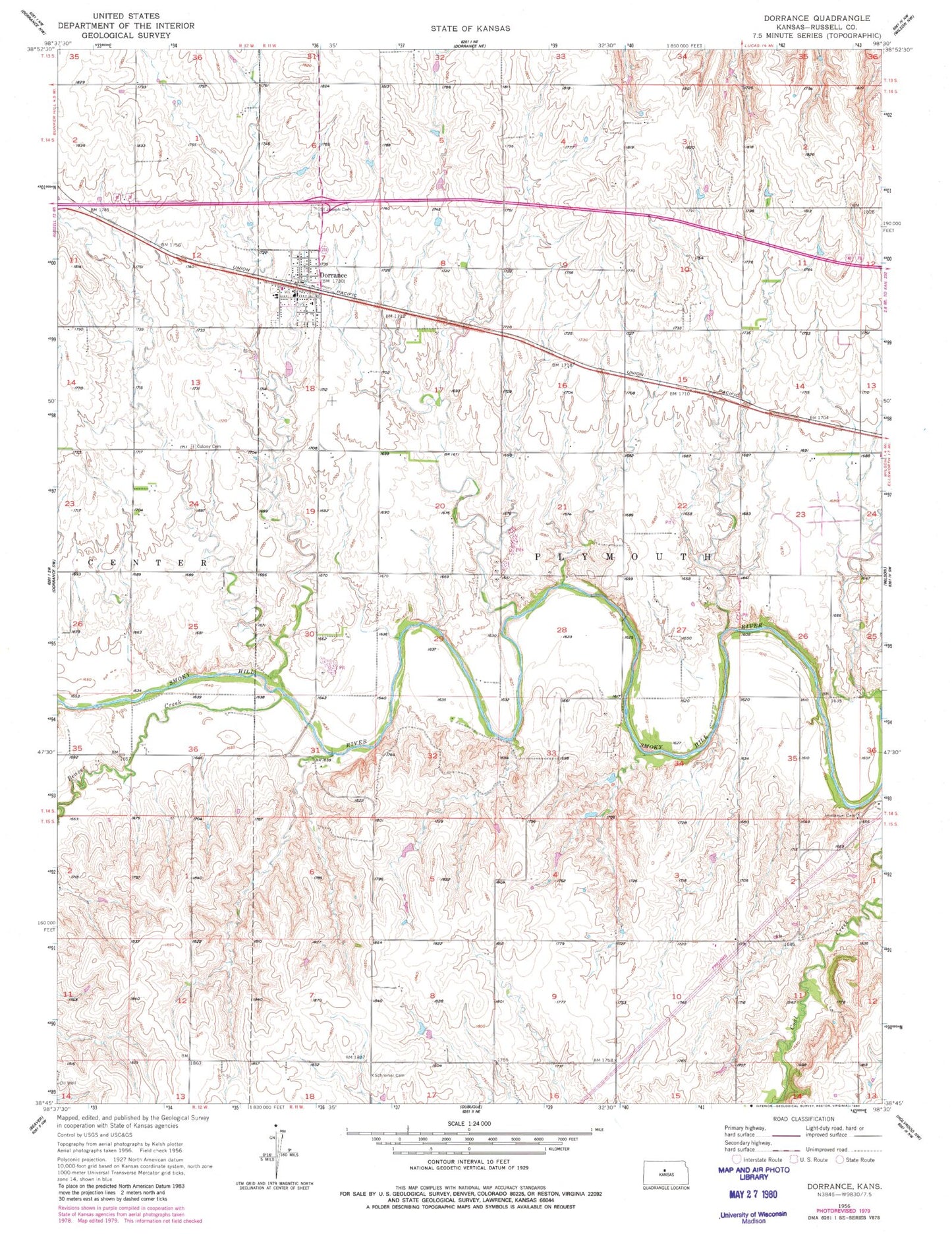 Classic USGS Dorrance Kansas 7.5'x7.5' Topo Map Image