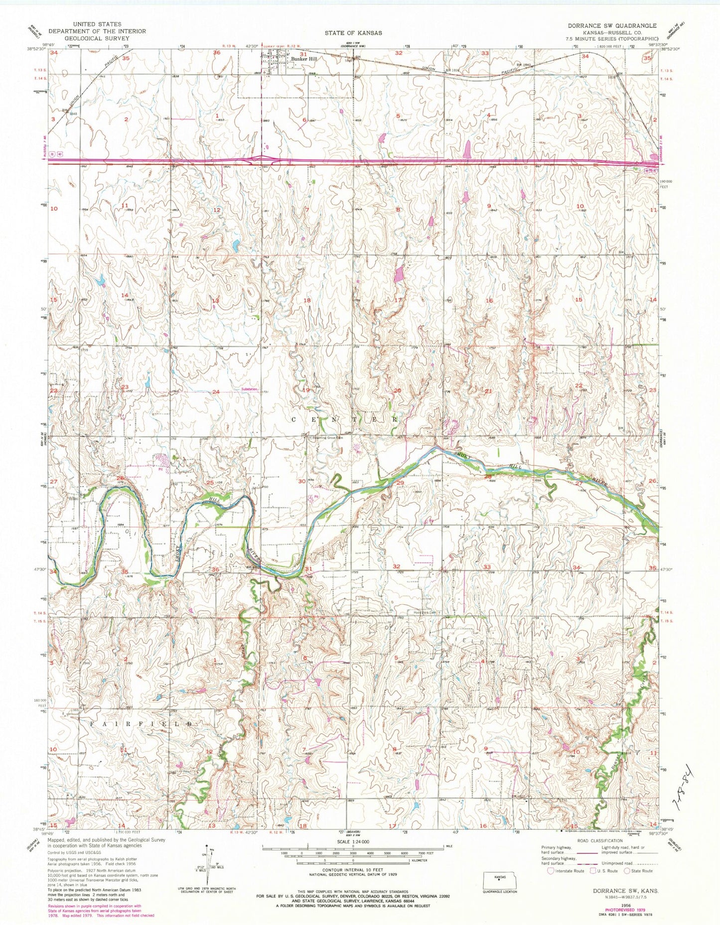 Classic USGS Dorrance SW Kansas 7.5'x7.5' Topo Map Image