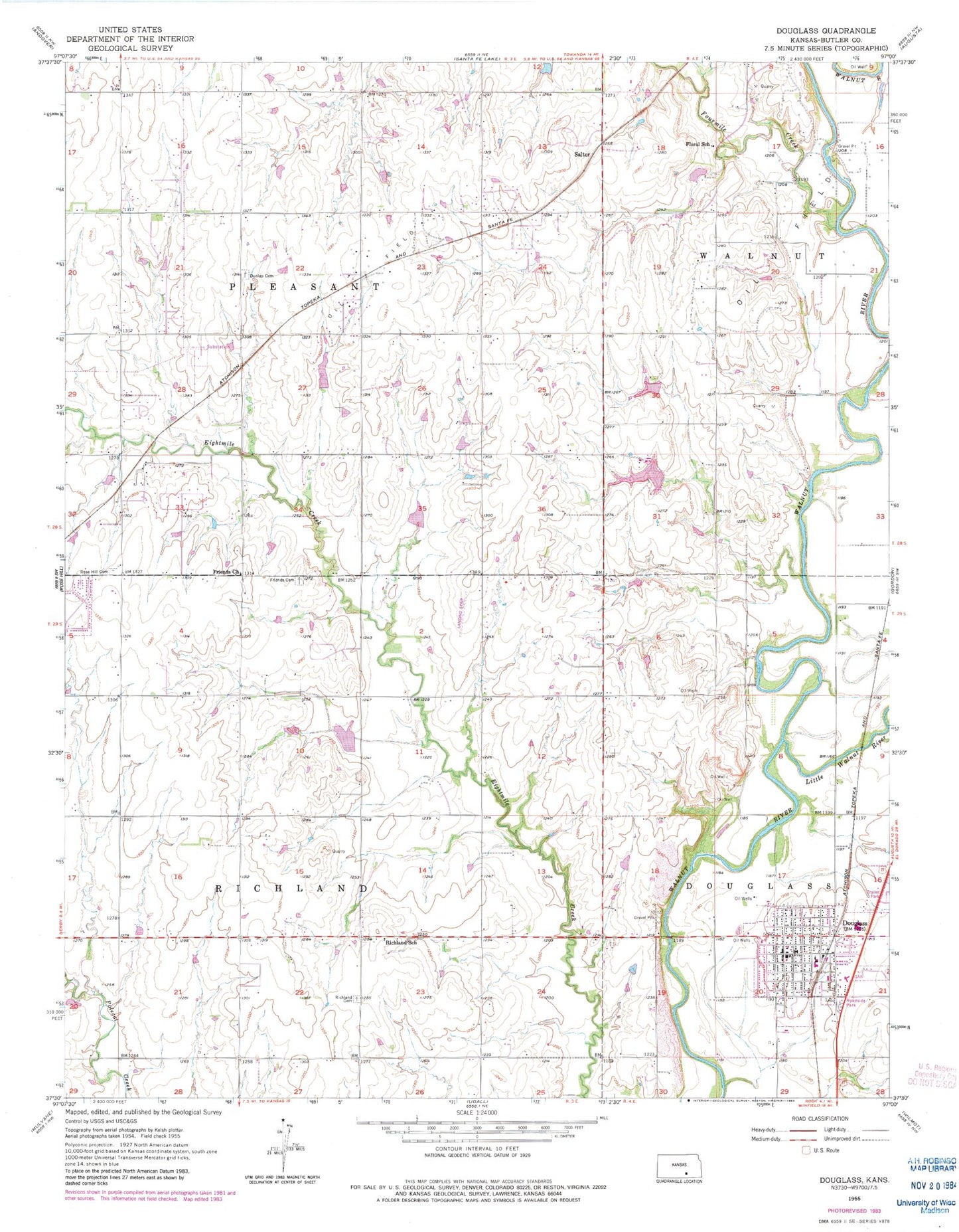 Classic USGS Douglass Kansas 7.5'x7.5' Topo Map Image